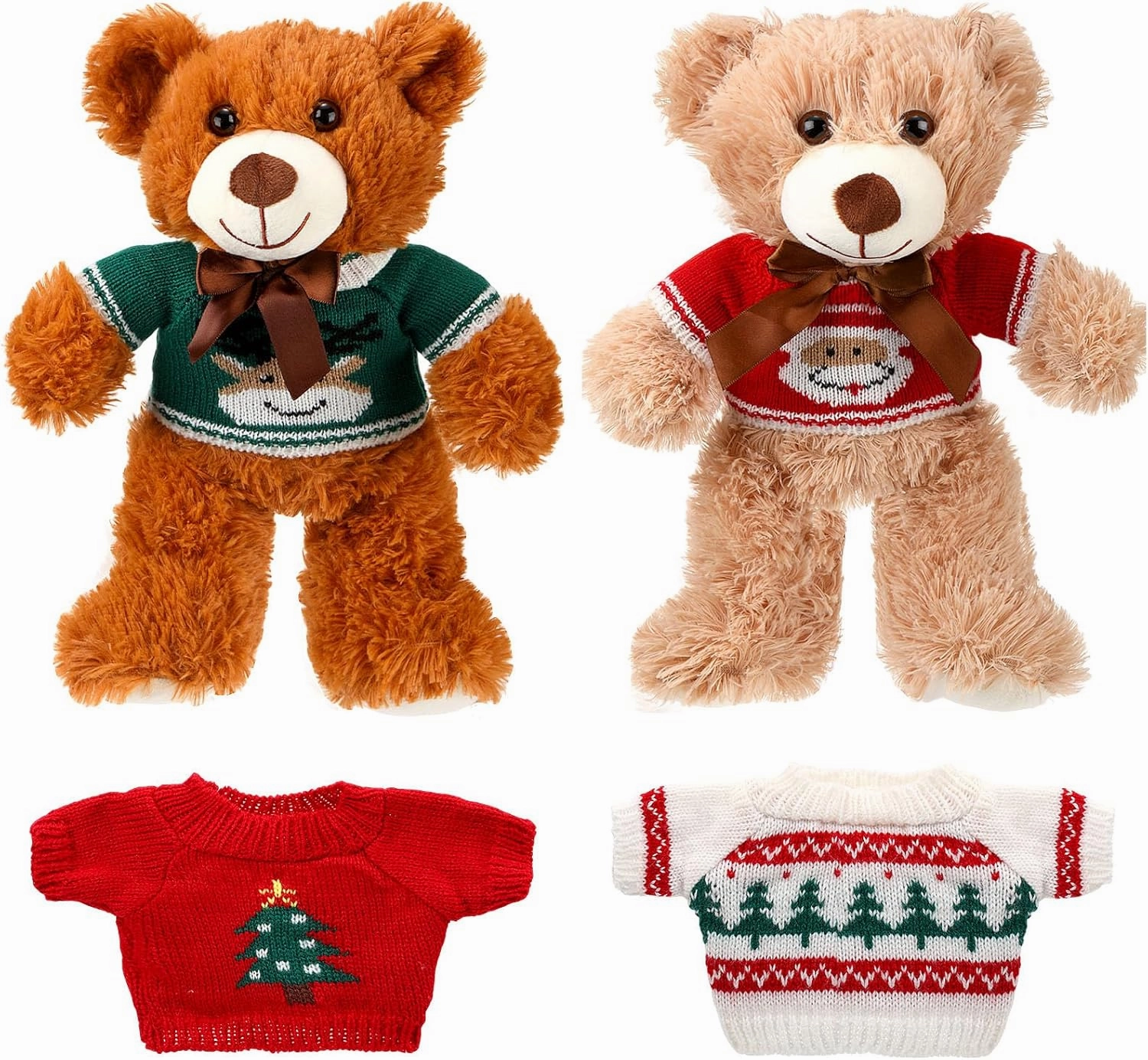 HyDren 2 Pcs Bear Stuffed Animals with 4 Removable Christmas Doll Clothes 14 Inch Plush Bear with Sweaters Home Decorations for DIY Doll Accessories (Lovely,Classic)