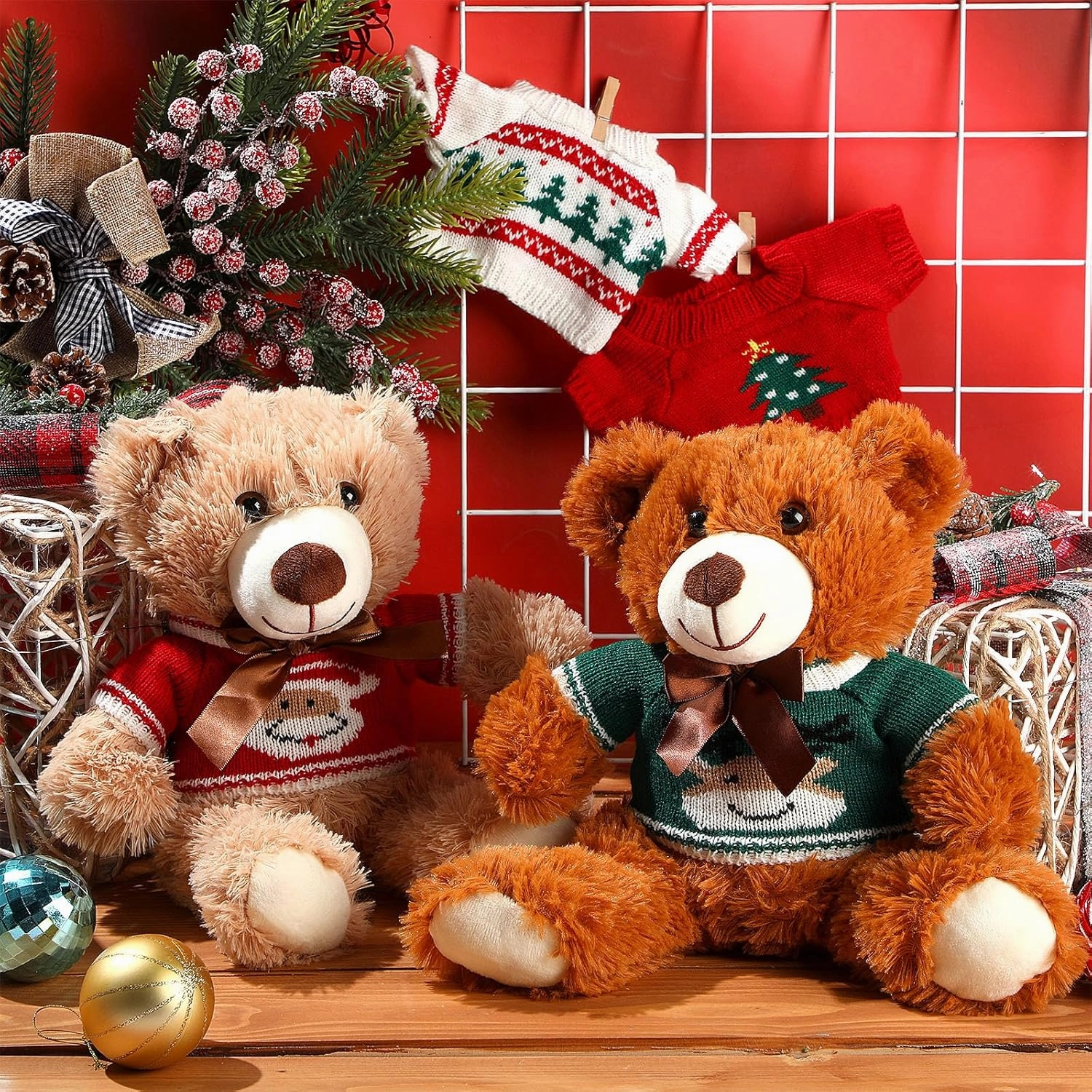 HyDren 2 Pcs Bear Stuffed Animals with 4 Removable Christmas Doll Clothes 14 Inch Plush Bear with Sweaters Home Decorations for DIY Doll Accessories (Lovely,Classic)