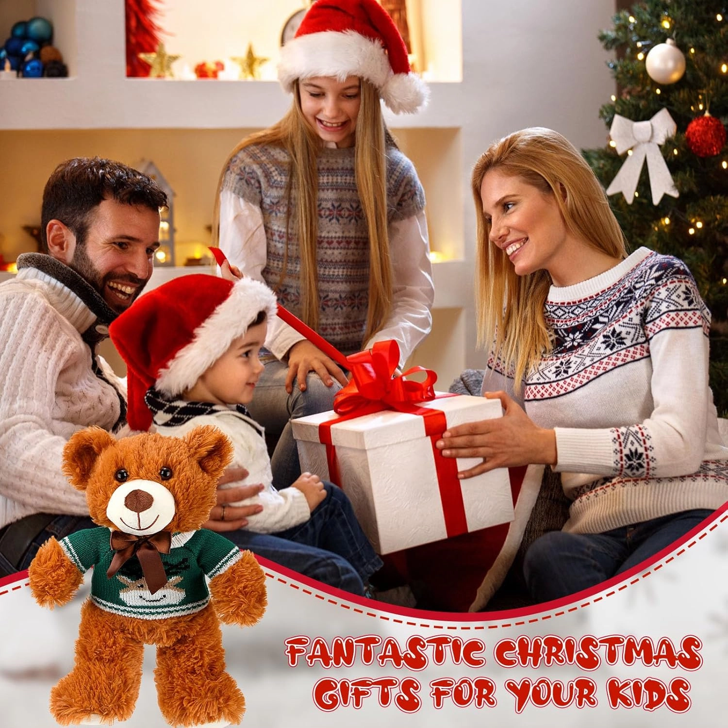HyDren 2 Pcs Bear Stuffed Animals with 4 Removable Christmas Doll Clothes 14 Inch Plush Bear with Sweaters Home Decorations for DIY Doll Accessories (Lovely,Classic)