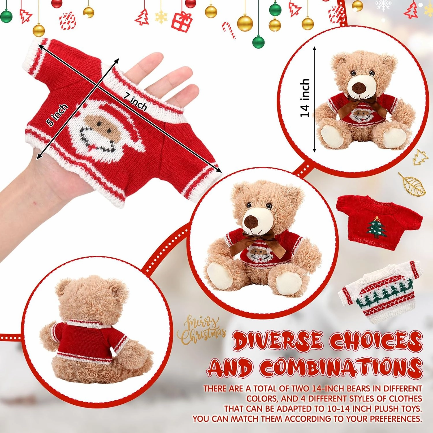 HyDren 2 Pcs Bear Stuffed Animals with 4 Removable Christmas Doll Clothes 14 Inch Plush Bear with Sweaters Home Decorations for DIY Doll Accessories (Lovely,Classic)