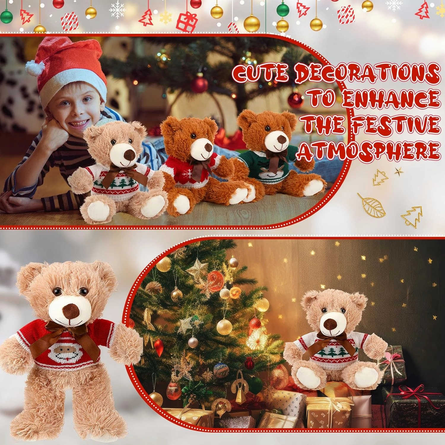 HyDren 2 Pcs Bear Stuffed Animals with 4 Removable Christmas Doll Clothes 14 Inch Plush Bear with Sweaters Home Decorations for DIY Doll Accessories (Lovely,Classic)
