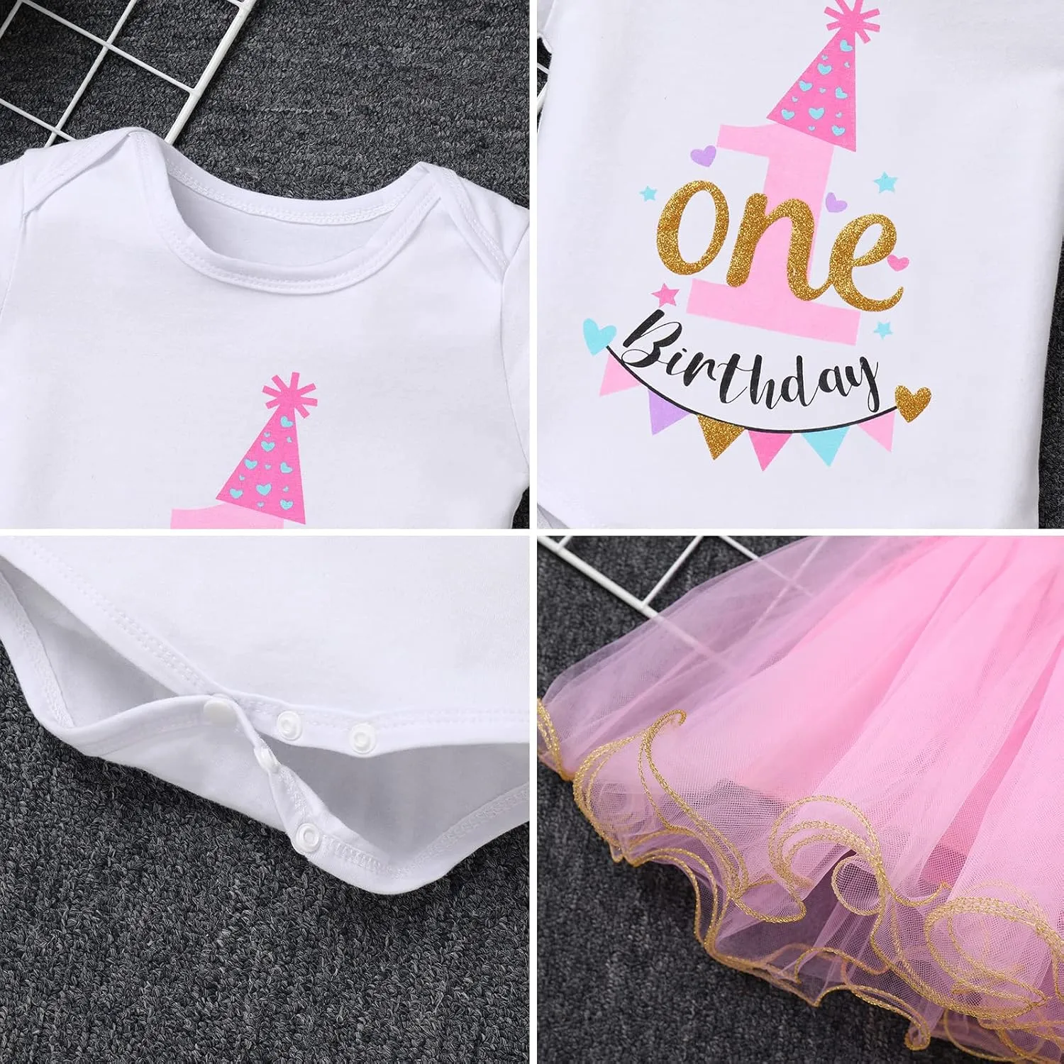 IBTOM CASTLE 1st/2nd/3rd Birthday Outfit for Baby Girls Bunting Fancy Princess Romper Rainbow Tutu Headband 3PCS Clothes Set