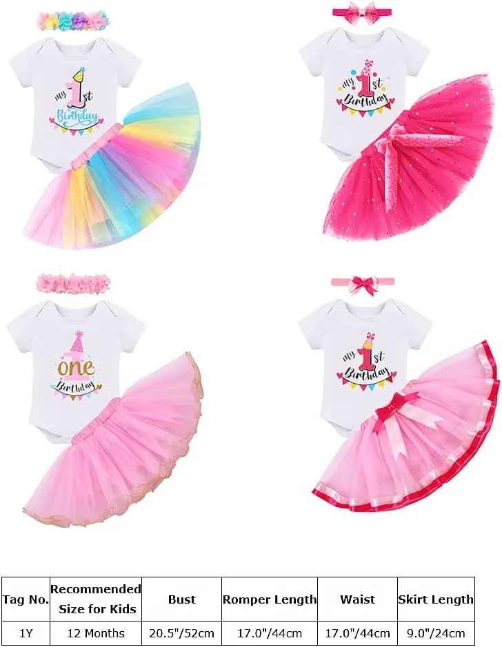 IBTOM CASTLE 1st/2nd/3rd Birthday Outfit for Baby Girls Bunting Fancy Princess Romper Rainbow Tutu Headband 3PCS Clothes Set