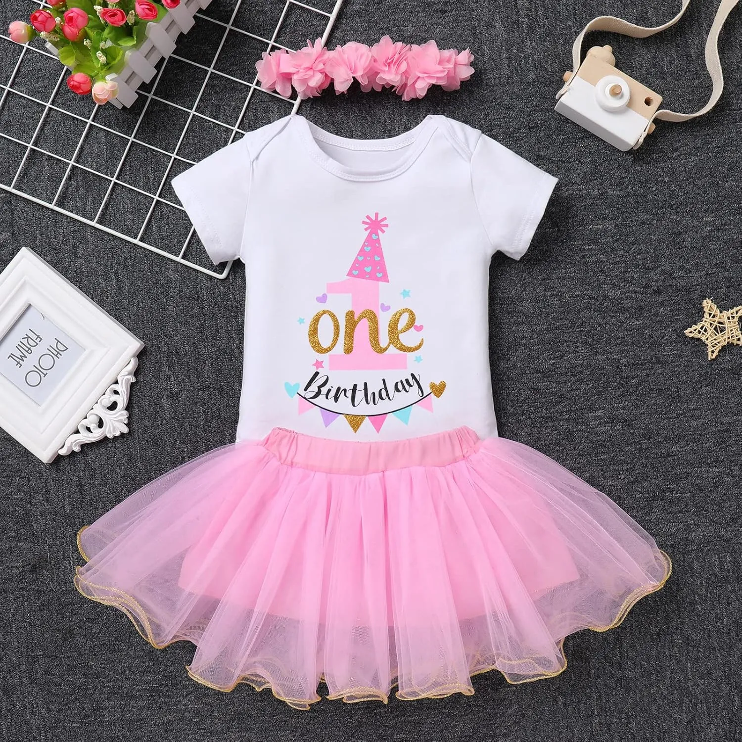 IBTOM CASTLE 1st/2nd/3rd Birthday Outfit for Baby Girls Bunting Fancy Princess Romper Rainbow Tutu Headband 3PCS Clothes Set
