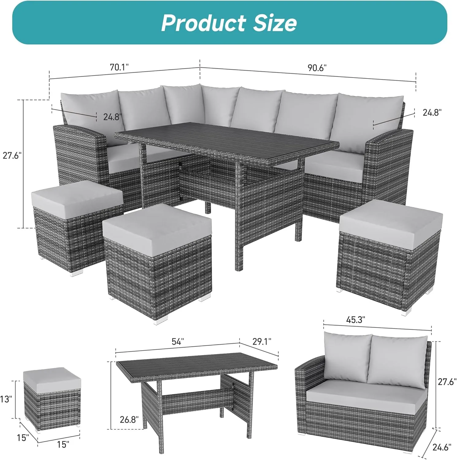 IDEALHOUSE 7 Pieces Outdoor Dining Set,Patio Sectional Sofa Conversation Set All Weather Wicker Rattan Couch Dining Table & Chair with Ottoman (Grey Rattan   Grey Cushions)