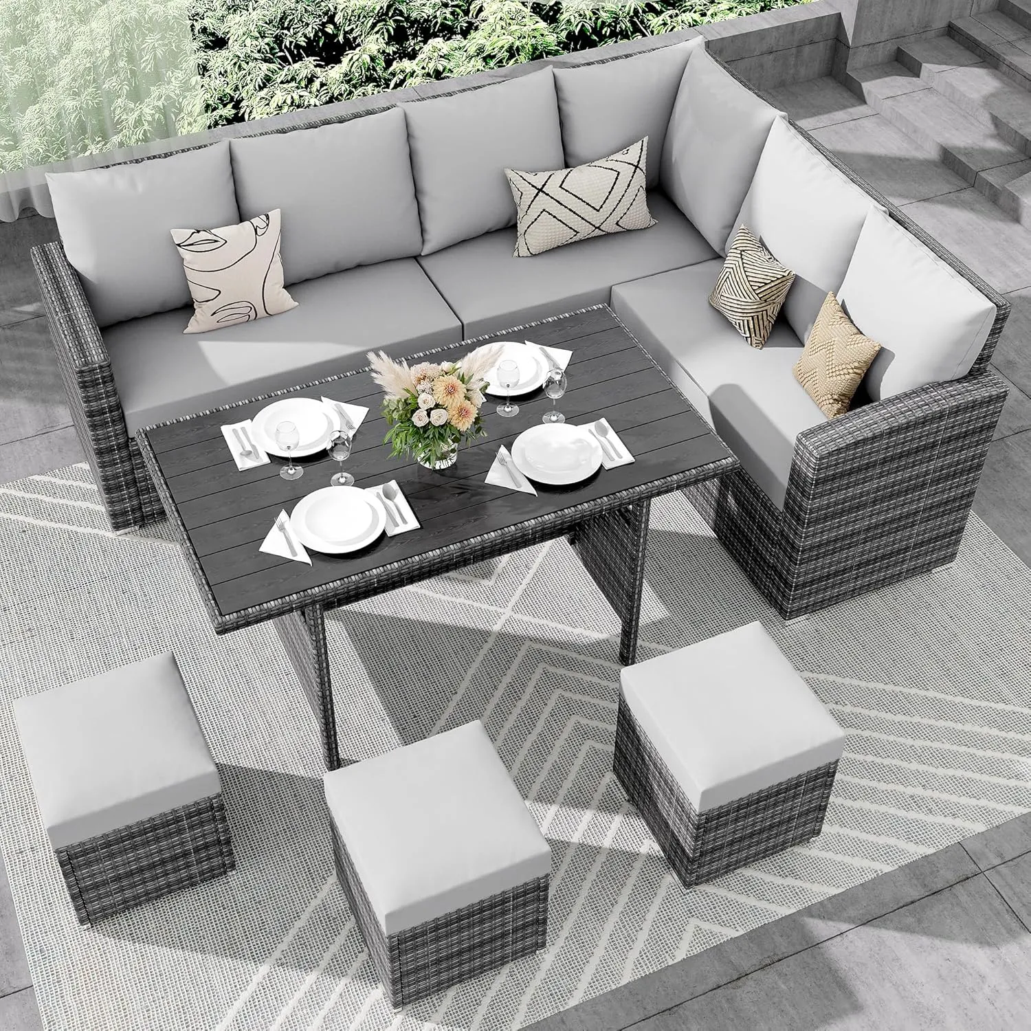 IDEALHOUSE 7 Pieces Outdoor Dining Set,Patio Sectional Sofa Conversation Set All Weather Wicker Rattan Couch Dining Table & Chair with Ottoman (Grey Rattan   Grey Cushions)