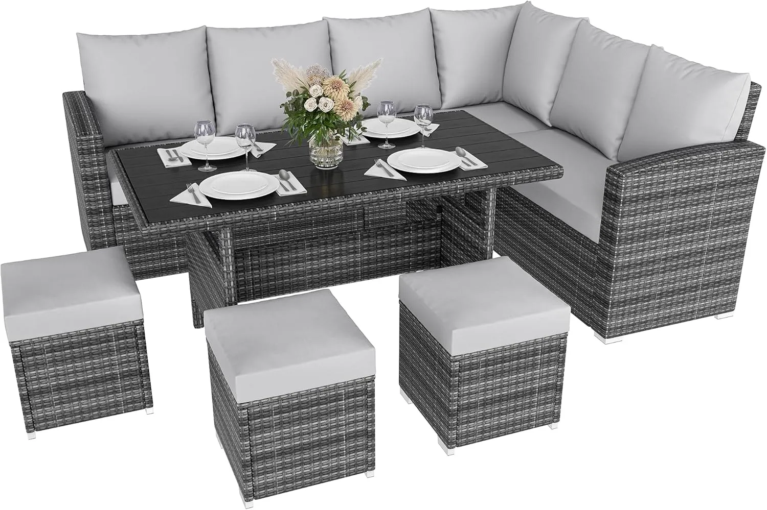 IDEALHOUSE 7 Pieces Outdoor Dining Set,Patio Sectional Sofa Conversation Set All Weather Wicker Rattan Couch Dining Table & Chair with Ottoman (Grey Rattan   Grey Cushions)