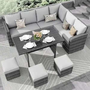 IDEALHOUSE 7 Pieces Outdoor Dining Set,Patio Sectional Sofa Conversation Set All Weather Wicker Rattan Couch Dining Table & Chair with Ottoman (Grey Rattan   Grey Cushions)