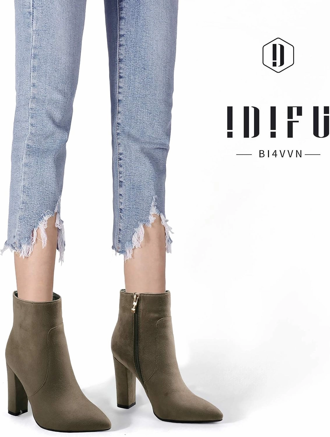 IDIFU Women's Fashion Ankle Boots Comfy Pointed Toe High Heels Side Zipper Booties