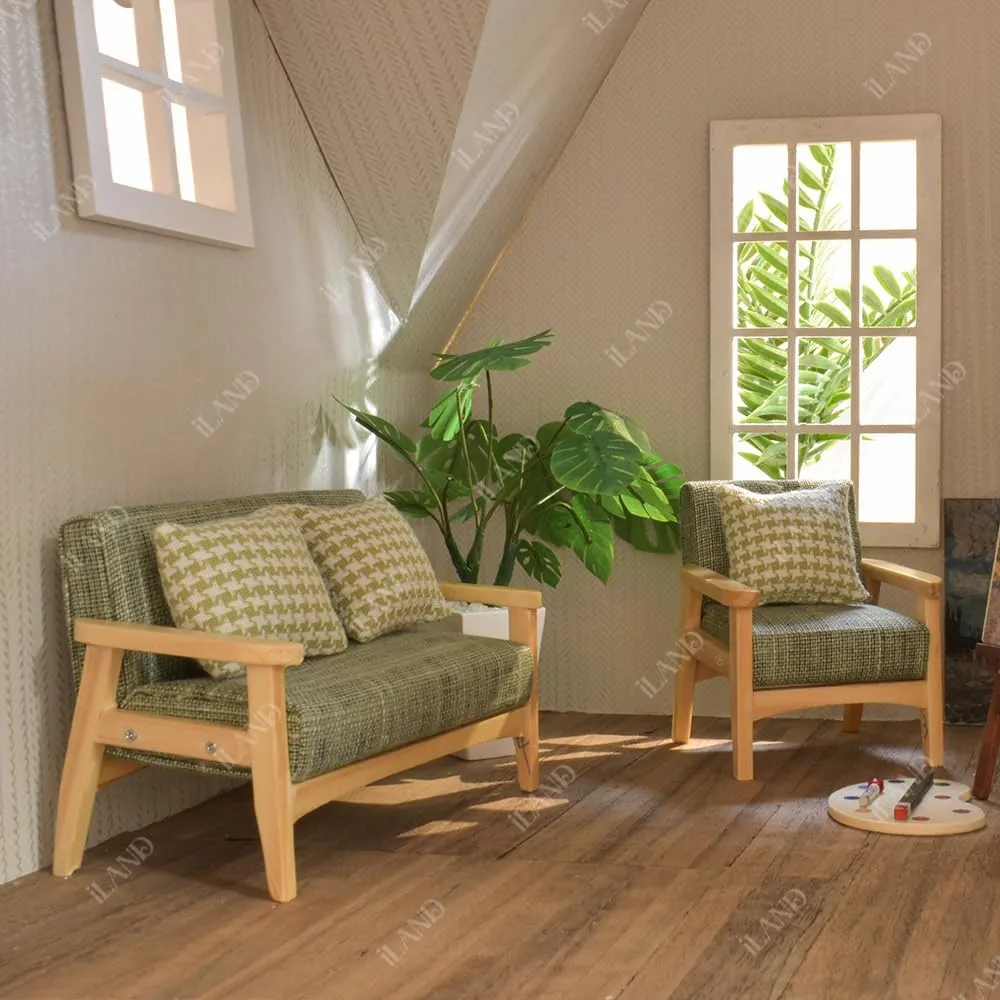 iland Dollhouse Couch and Miniature Sofa Set with Mini Houndstooth Cushions, Dollhouse Furniture on 1/12 Scale for Dollhouse Living Room (Grey Green)
