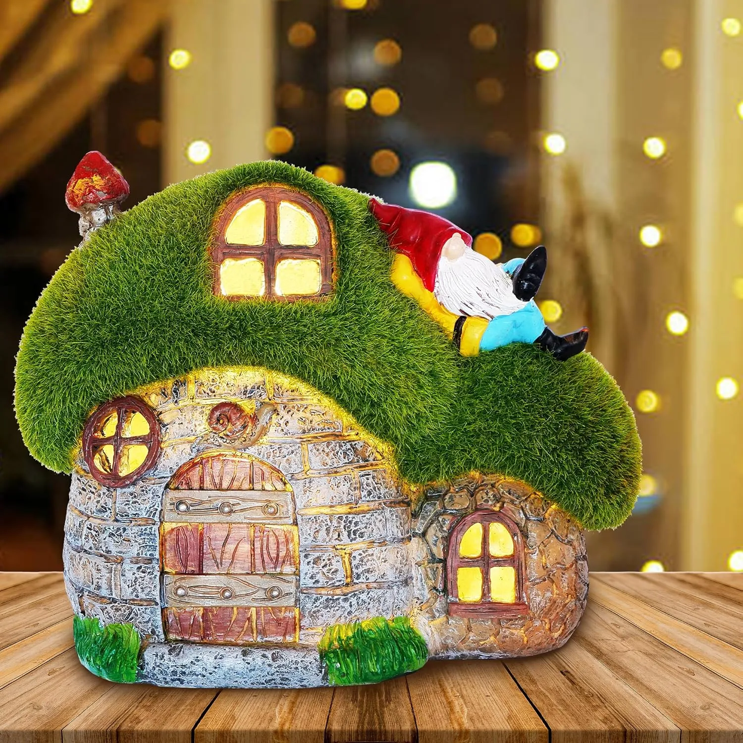 ILLUMINEW House Garden Statues with Solar Lights, LED Cute Flocked Fairy House with Gnomes Garden Figurine, Outdoor Patio Yard Lawn Decorations Gift
