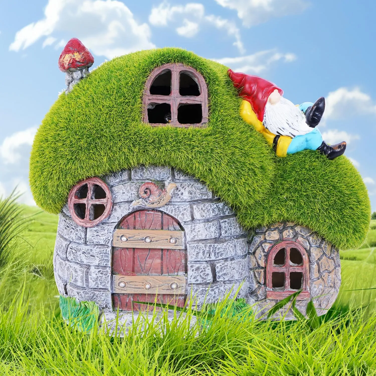 ILLUMINEW House Garden Statues with Solar Lights, LED Cute Flocked Fairy House with Gnomes Garden Figurine, Outdoor Patio Yard Lawn Decorations Gift
