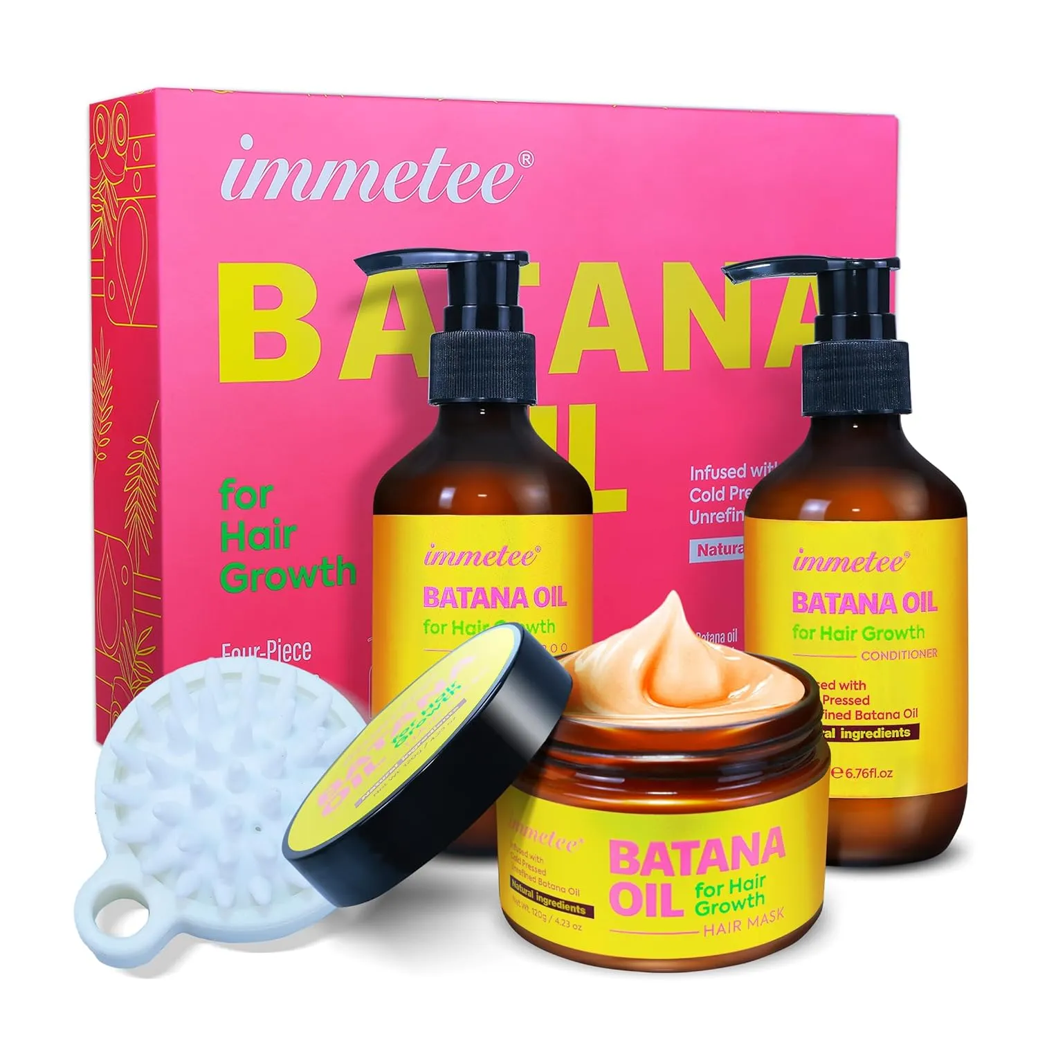 immetee Shampoo & Conditioner Set, Infused Batana Natural Ingredients, With Hair Mask and Massage Comb, Deep Moisturizing Treatment for Dry, Color-Treated Hair, 6.76 Fl Oz Each,4-Pack