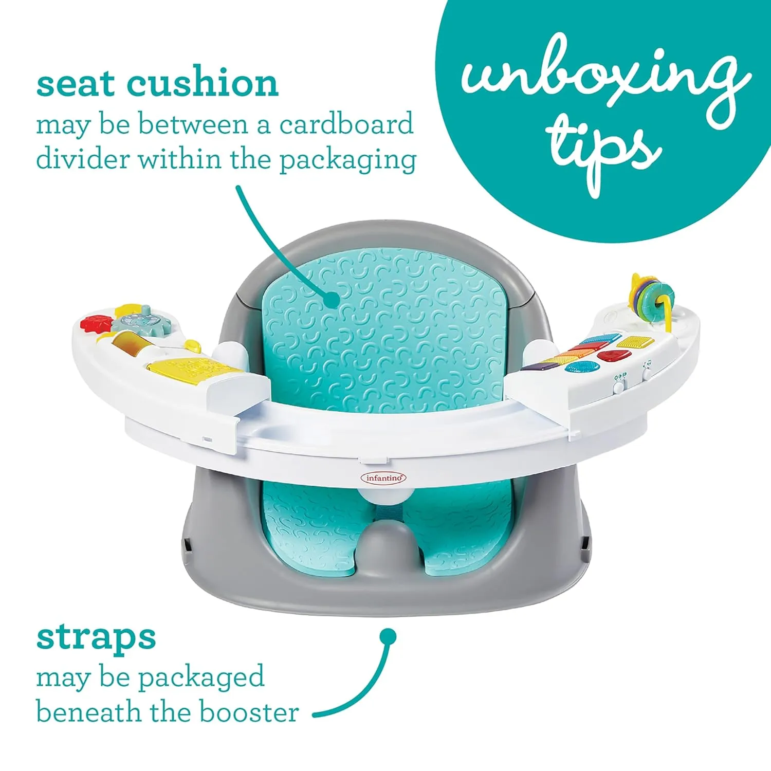 Infantino Music & Lights 3-in-1 Discovery Seat & Booster, Toddler Booster Seat for Dining Table or Kitchen Chair, Baby Activity Center & Snack Tray, Teal