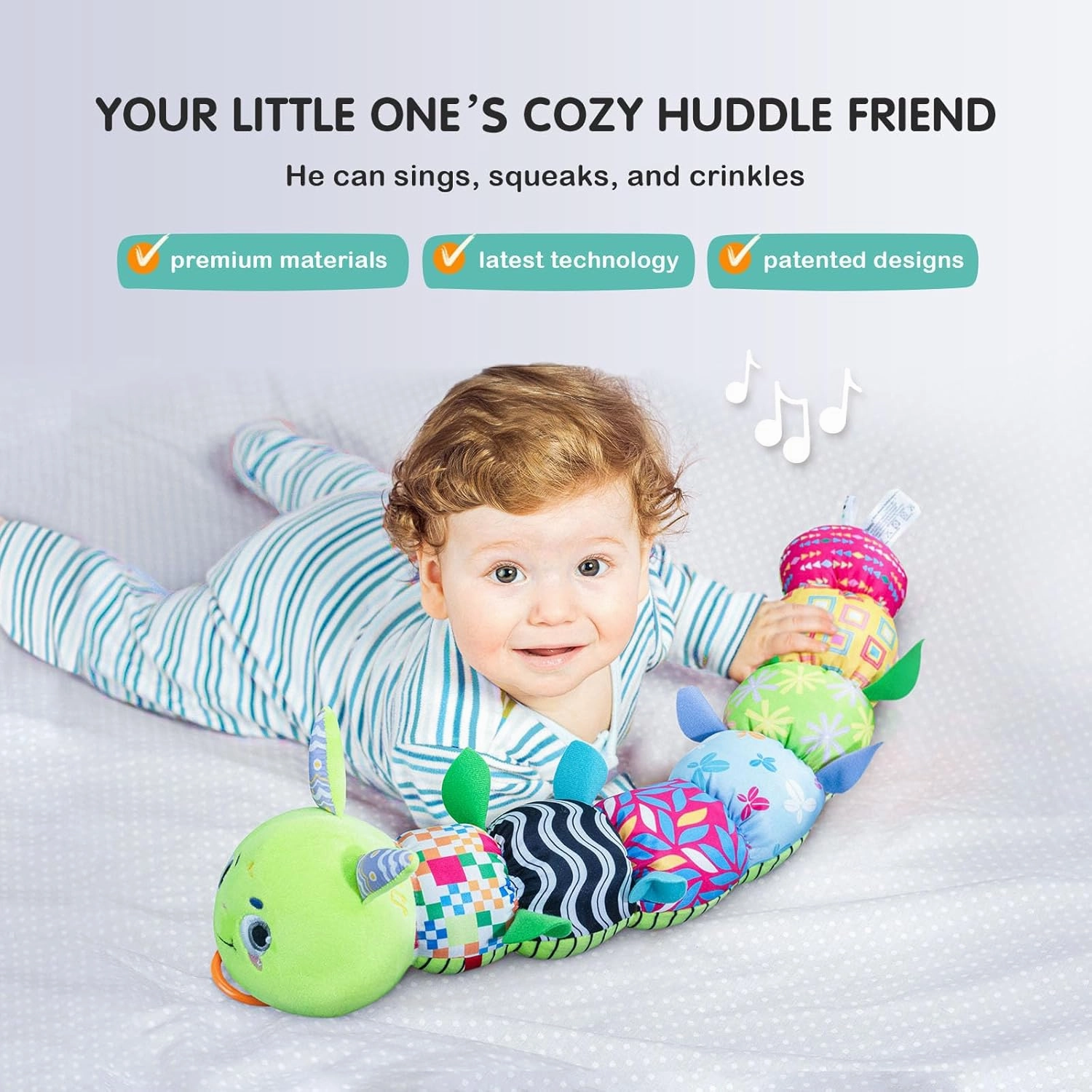 Infinno Baby Musical Stuffed Sensory Toys for Girls and Boys, Infant Soft Security Toys for Newborns 0-3-6-12 Months with Crinkle and Rattles, Caterpillar, Green