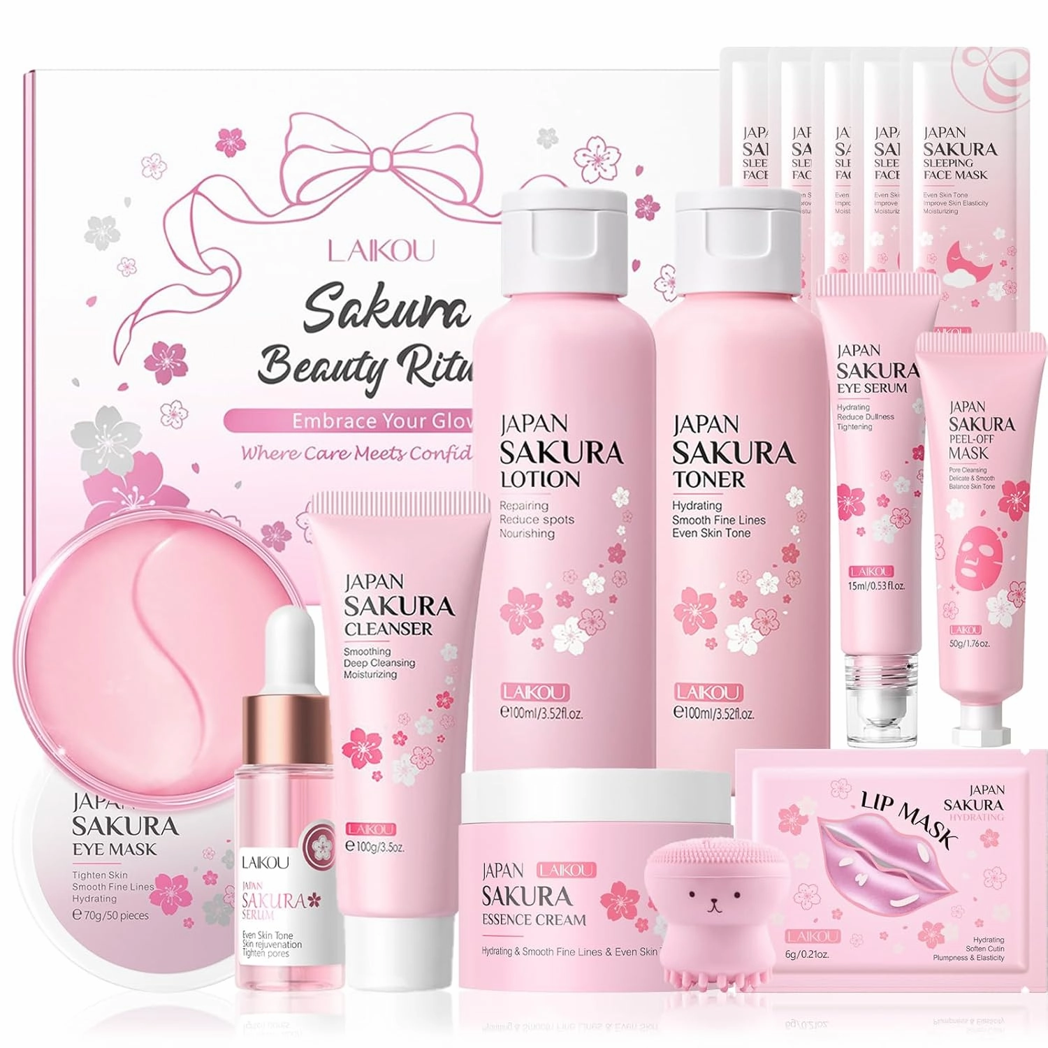 Japan Sakura Skincare Set, Skin Care For Teens 10-12 Girls, 15pcs Face Care Set For Women Daily Skin Care, Teen Skin Care Kit 15pcs, Hydrating, Deep Cleasing, Gentle, All Skin Types