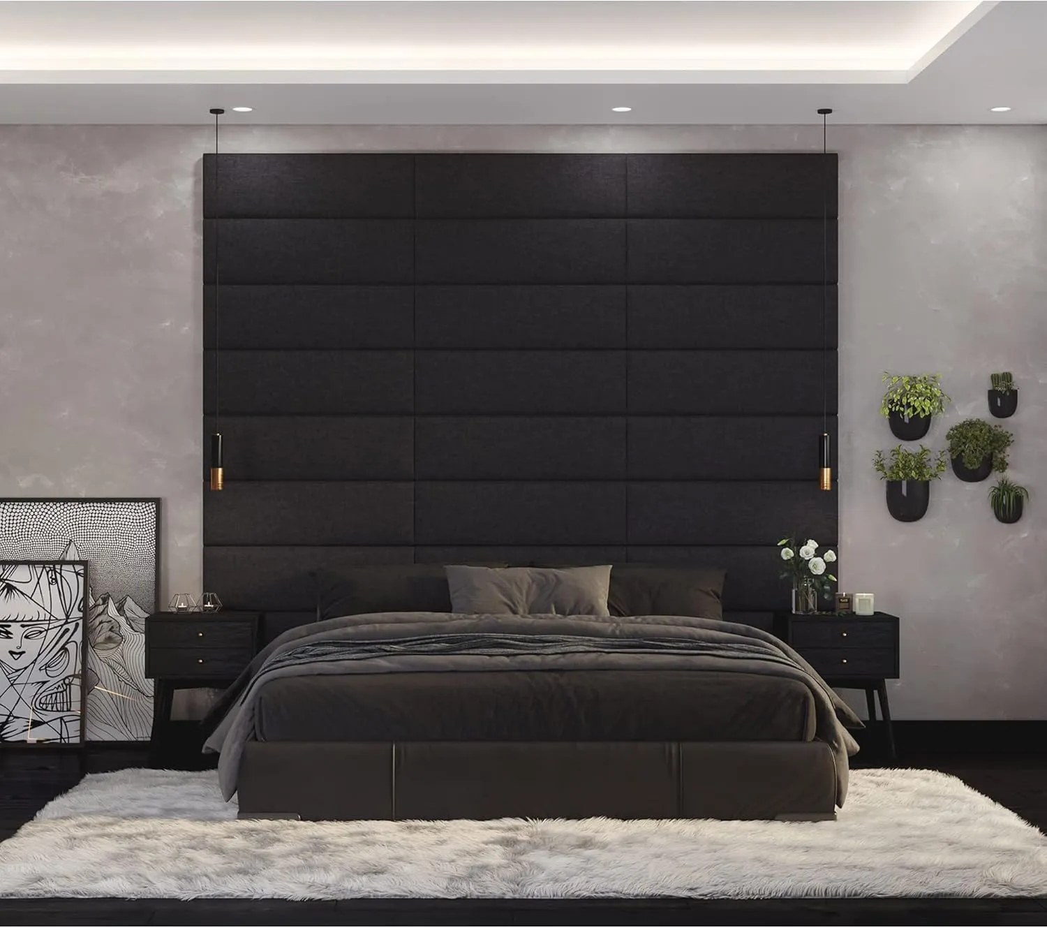 Jaxx Panelist Modern Padded Headboard – Set of 4 Wall Mounted Panels - Queen, Charcoal Microvelvet