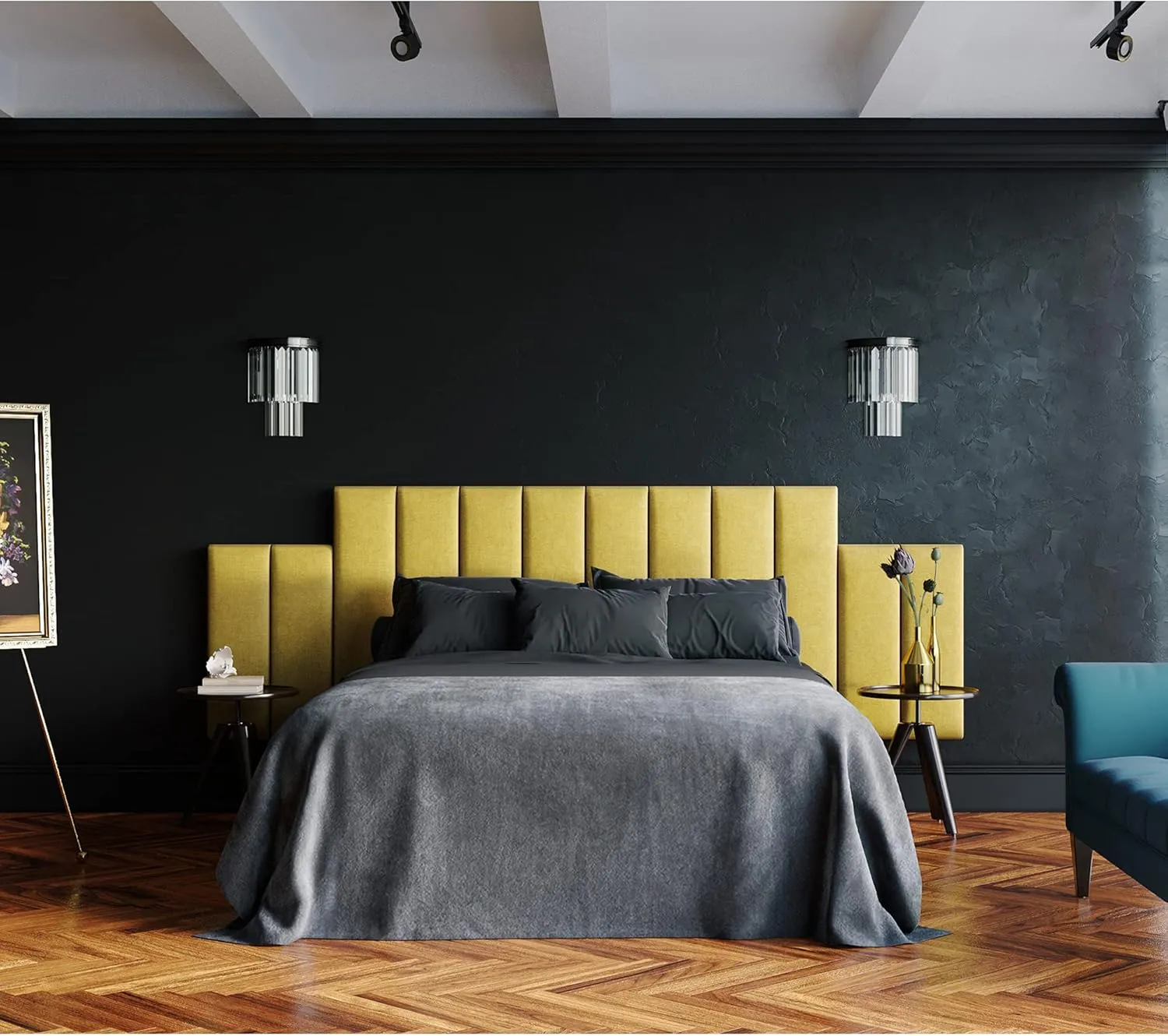 Jaxx Panelist Modern Padded Headboard – Set of 4 Wall Mounted Panels - Queen, Charcoal Microvelvet