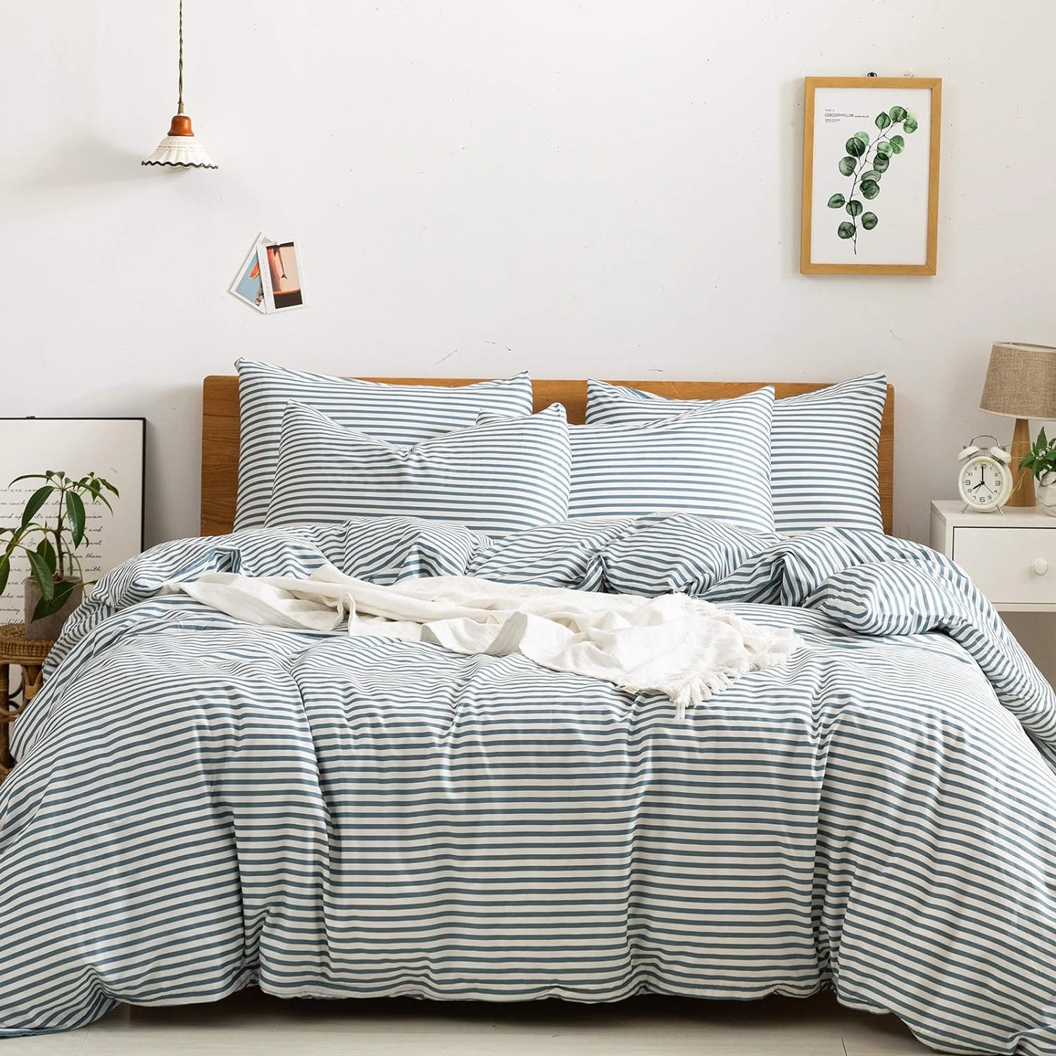 JELLYMONI 100% Natural Cotton 3pcs Striped Duvet Cover Sets,White Duvet Cover with Grayish Blue Stripes Pattern Printed Comforter Cover,with Zipper Closure & Corner Ties(Queen Size)