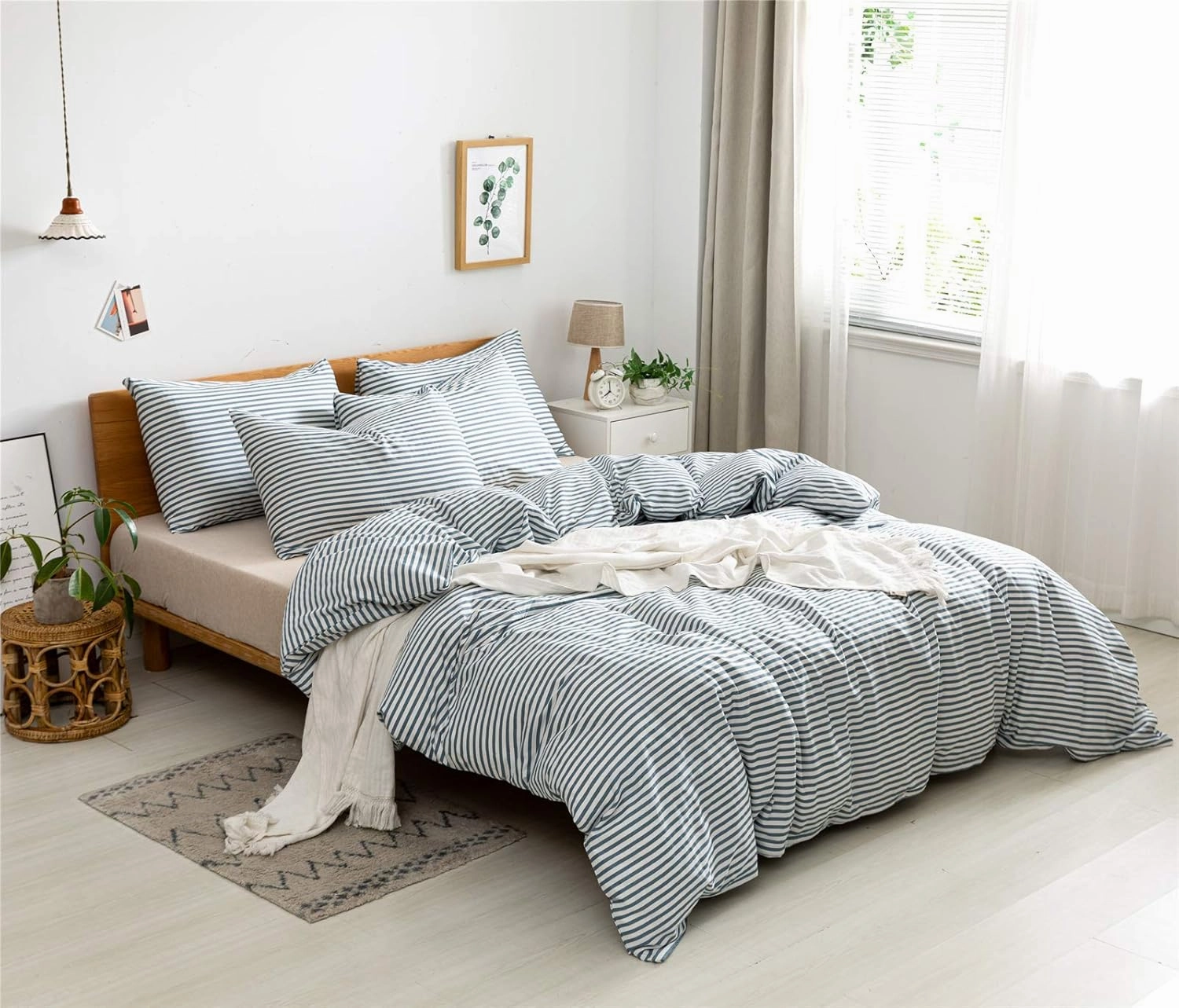 JELLYMONI 100% Natural Cotton 3pcs Striped Duvet Cover Sets,White Duvet Cover with Grayish Blue Stripes Pattern Printed Comforter Cover,with Zipper Closure & Corner Ties(Queen Size)