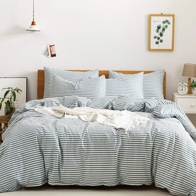 JELLYMONI 100% Natural Cotton 3pcs Striped Duvet Cover Sets,White Duvet Cover with Grayish Blue Stripes Pattern Printed Comforter Cover,with Zipper Closure & Corner Ties(Queen Size)