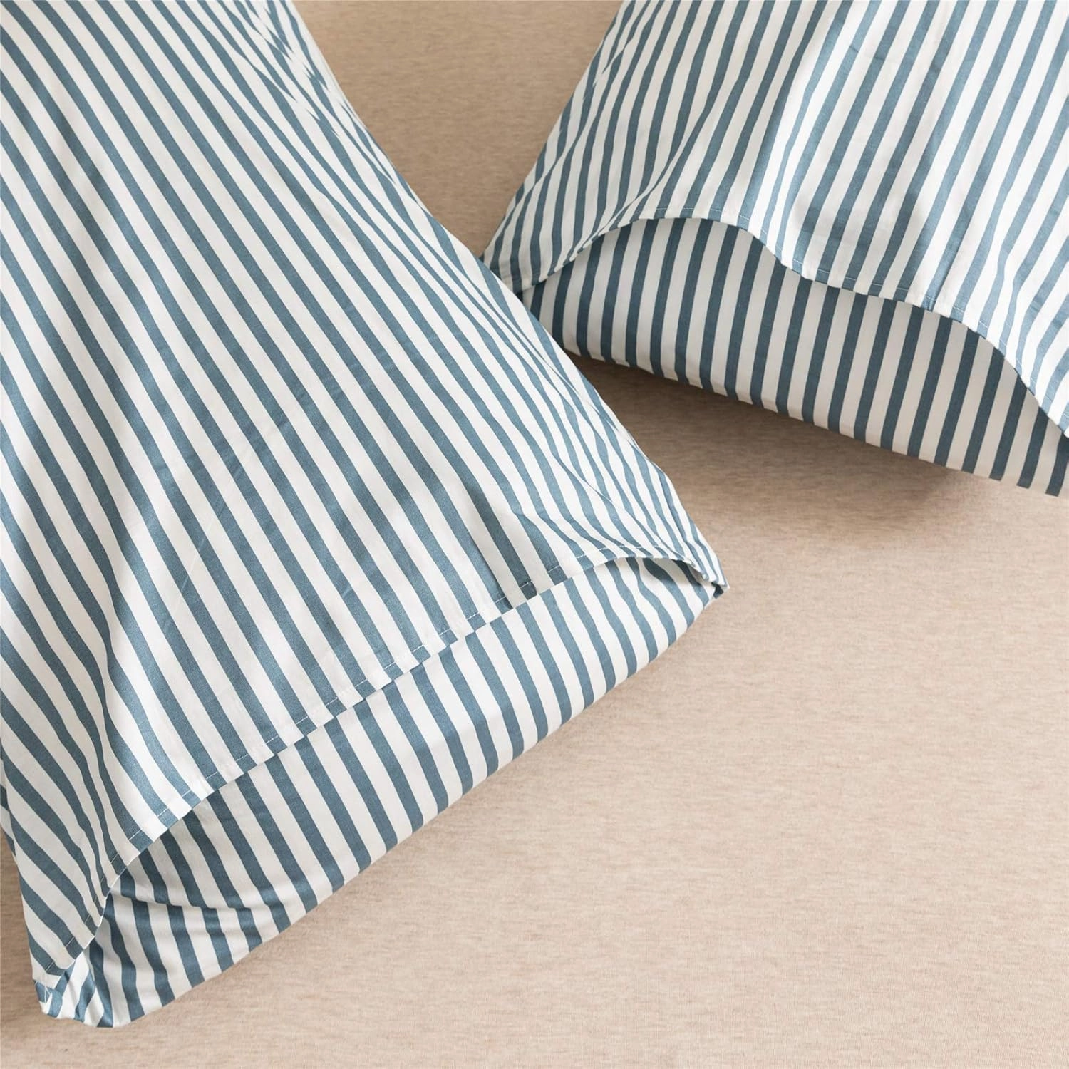 JELLYMONI 100% Natural Cotton 3pcs Striped Duvet Cover Sets,White Duvet Cover with Grayish Blue Stripes Pattern Printed Comforter Cover,with Zipper Closure & Corner Ties(Queen Size)