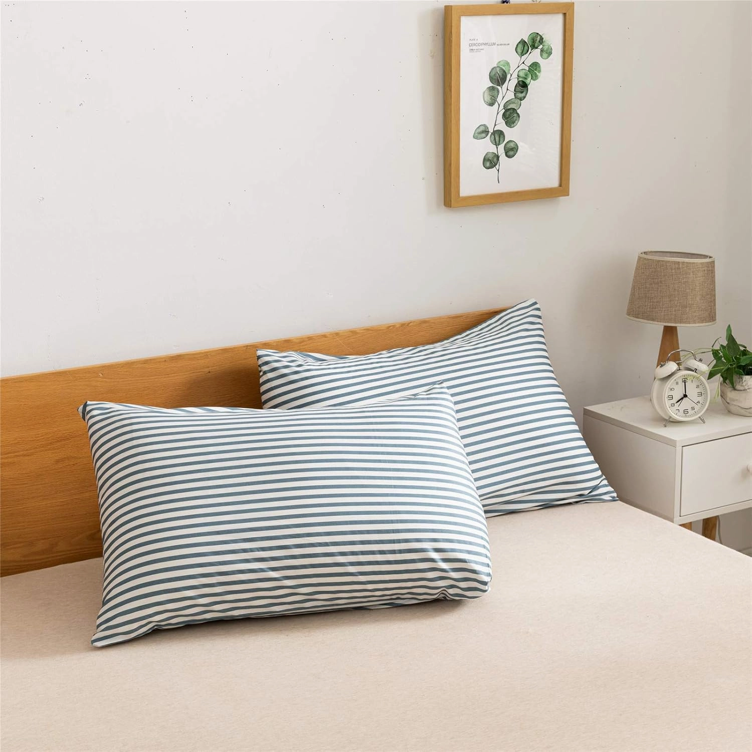 JELLYMONI 100% Natural Cotton 3pcs Striped Duvet Cover Sets,White Duvet Cover with Grayish Blue Stripes Pattern Printed Comforter Cover,with Zipper Closure & Corner Ties(Queen Size)