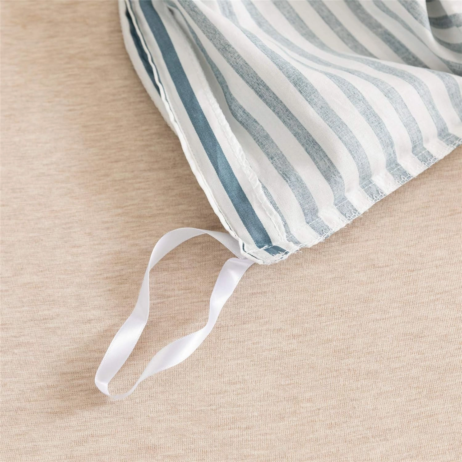 JELLYMONI 100% Natural Cotton 3pcs Striped Duvet Cover Sets,White Duvet Cover with Grayish Blue Stripes Pattern Printed Comforter Cover,with Zipper Closure & Corner Ties(Queen Size)