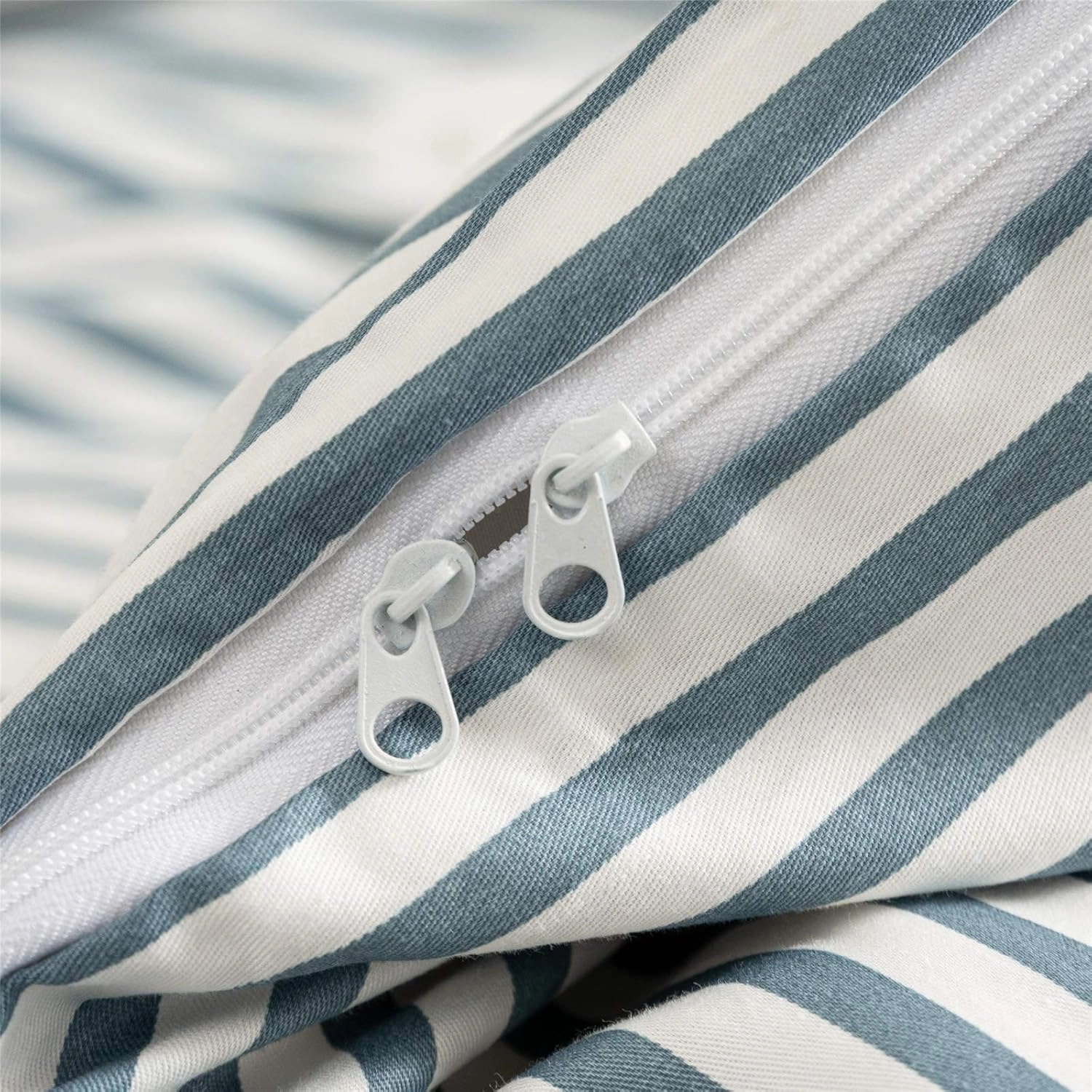 JELLYMONI 100% Natural Cotton 3pcs Striped Duvet Cover Sets,White Duvet Cover with Grayish Blue Stripes Pattern Printed Comforter Cover,with Zipper Closure & Corner Ties(Queen Size)