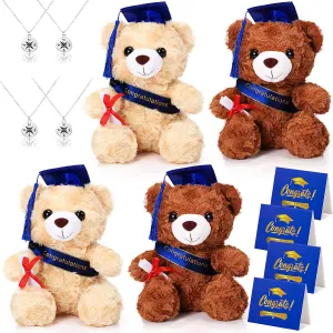 Jexine 12 Pcs Class of 2025 Graduation Bears 4 Plush Stuffed Bears with Graduation Caps Diploma Congratulations Sash 4 Congrats Cards 4 Compass Necklace for School Gifts Party Decor(Blue Cap)