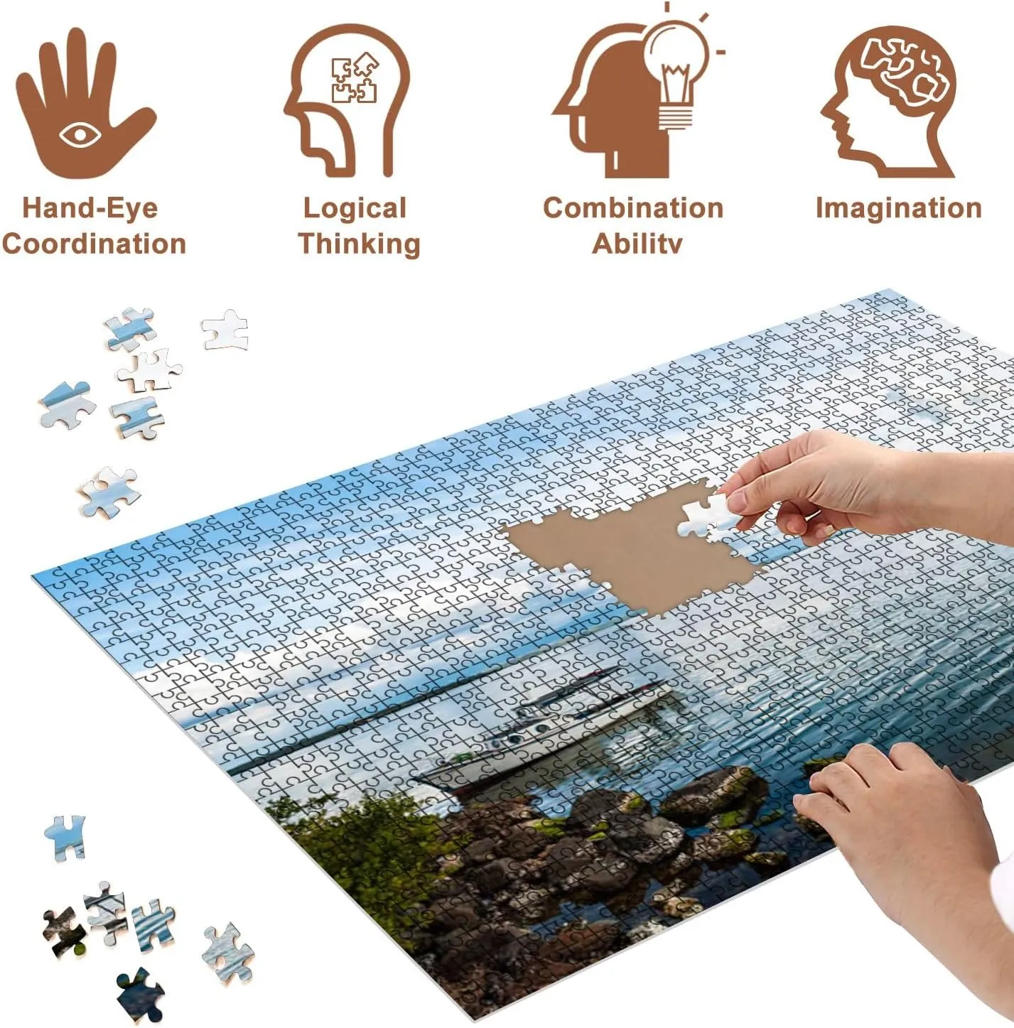 Jigsaw Puzzles 500 Pieces for Adult Fishing Boat Puzzle Game for Family Wooden Puzzle Toy Educational Games Puzzles for Home Decor