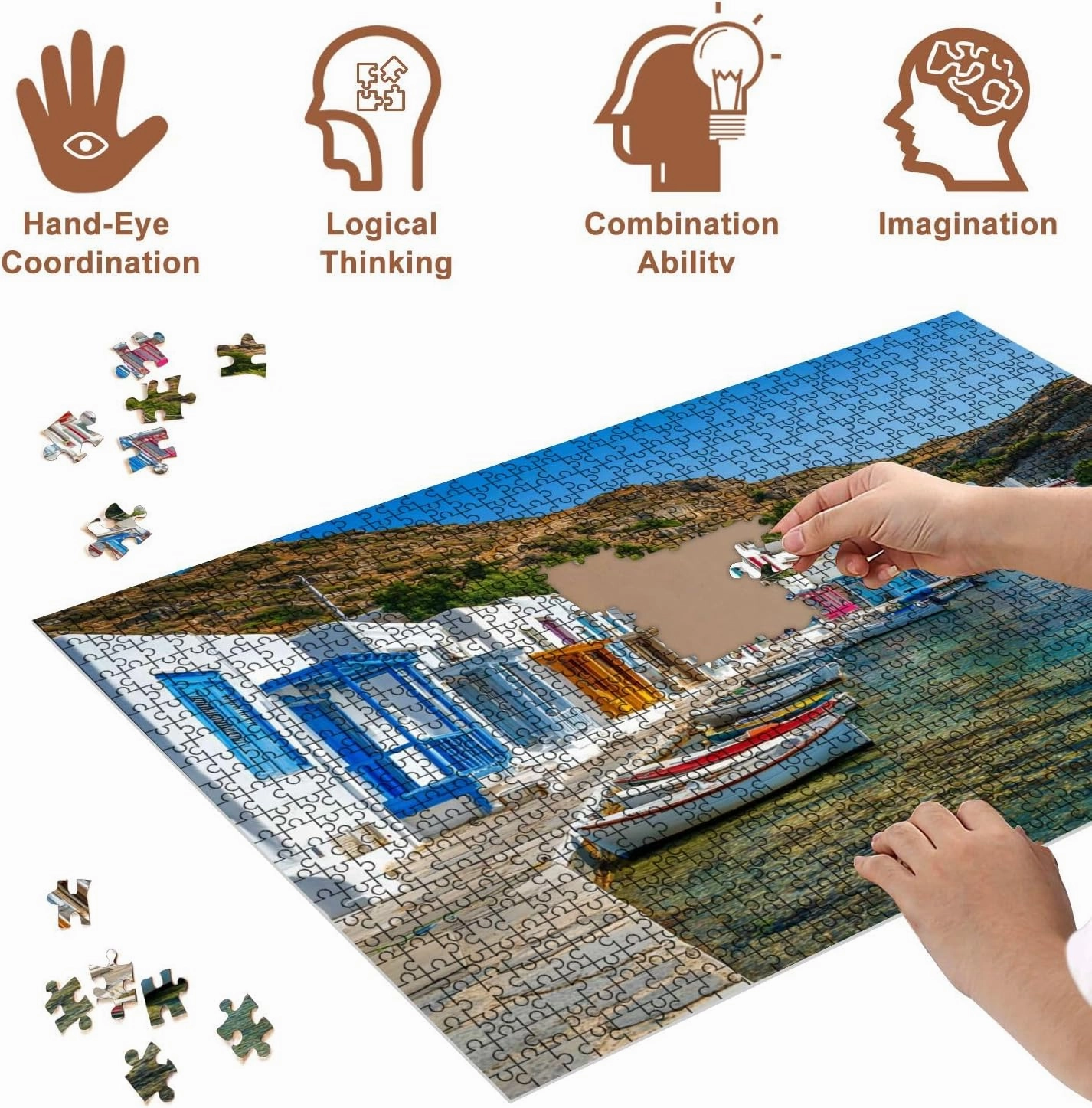 Jigsaw Puzzles 500 Pieces for Adult Greek Fishing Village Klima Milos Island Greece Puzzle Game for Family Wooden Puzzle Toy Educational Games Puzzles for Home Decor