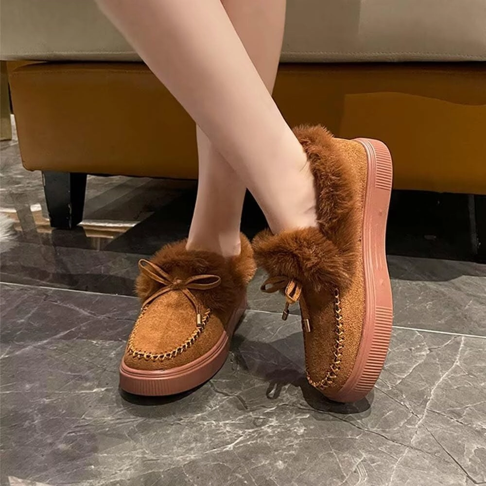 JOEupin Women's Winter Flat Boots Comfortable Faux Fur Lined Suede Indoor Outdoor Anti-Slip Classic Flat Ankle Bootie