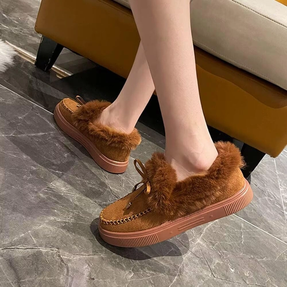 JOEupin Women's Winter Flat Boots Comfortable Faux Fur Lined Suede Indoor Outdoor Anti-Slip Classic Flat Ankle Bootie
