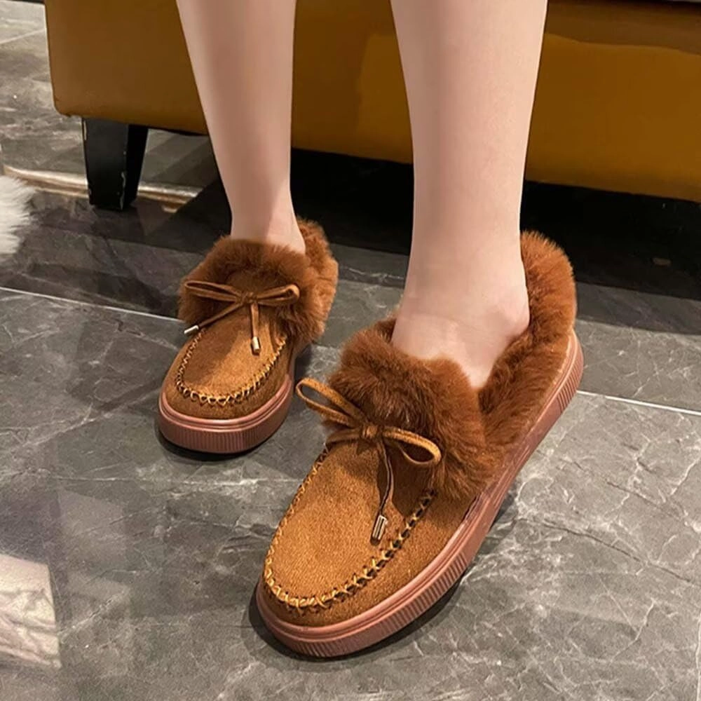 JOEupin Women's Winter Flat Boots Comfortable Faux Fur Lined Suede Indoor Outdoor Anti-Slip Classic Flat Ankle Bootie