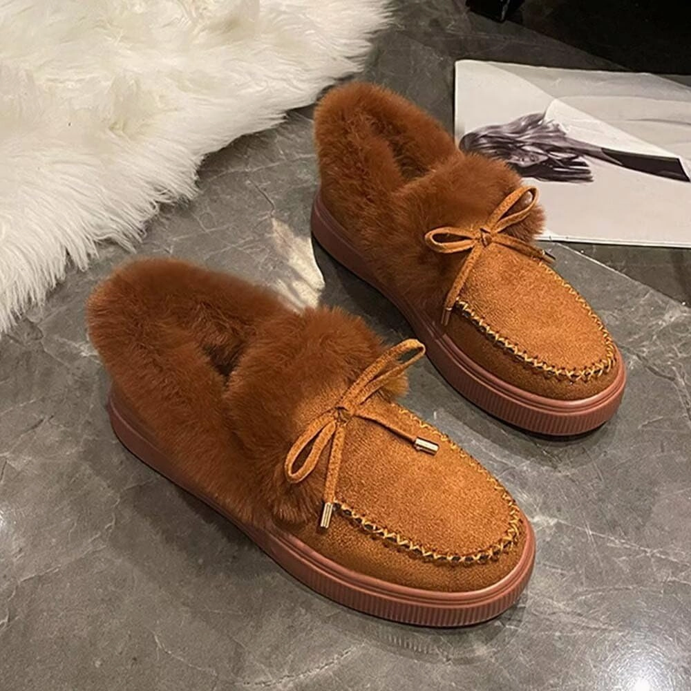 JOEupin Women's Winter Flat Boots Comfortable Faux Fur Lined Suede Indoor Outdoor Anti-Slip Classic Flat Ankle Bootie