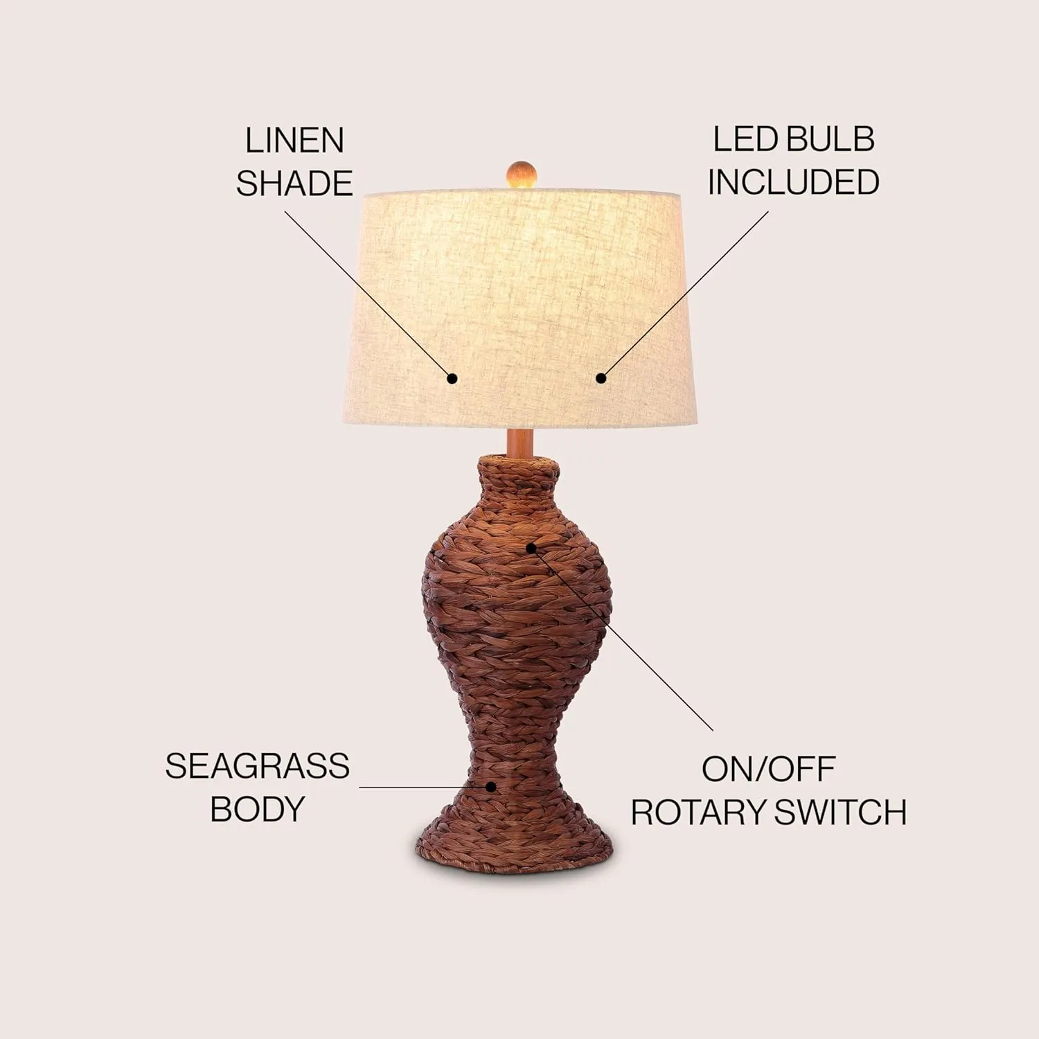 JONATHAN Y JYL1015B Elicia 31" Coastal Cottage Water Hyacinth Weave LED Table Lamp for Bedroom, Living Room, Office, Dark Brown