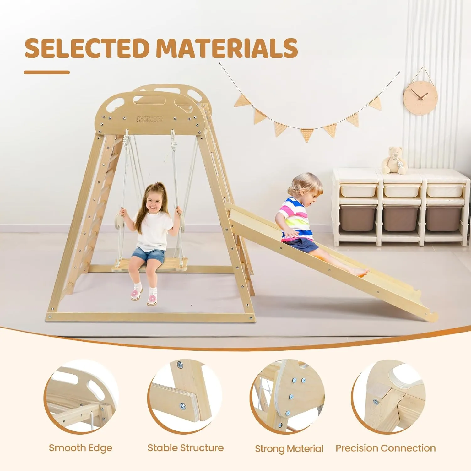 JOYMOR 8-in-1 Indoor Jungle Gym for Kids and Toddlers with Hanging-Bridge and Swing, Wooden Indoor Playground with Slide, Blackboard, Ladders for Toddler Climbers