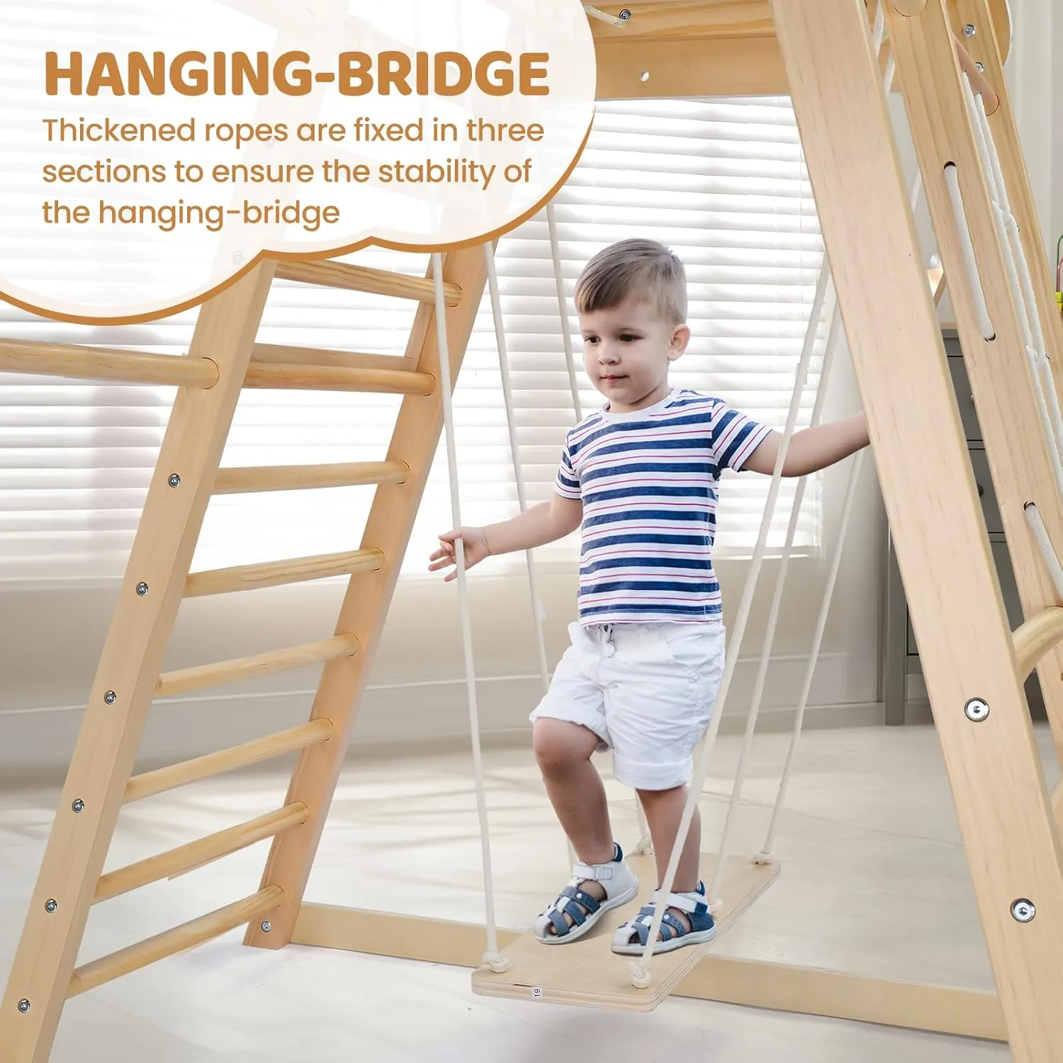 JOYMOR 8-in-1 Indoor Jungle Gym for Kids and Toddlers with Hanging-Bridge and Swing, Wooden Indoor Playground with Slide, Blackboard, Ladders for Toddler Climbers