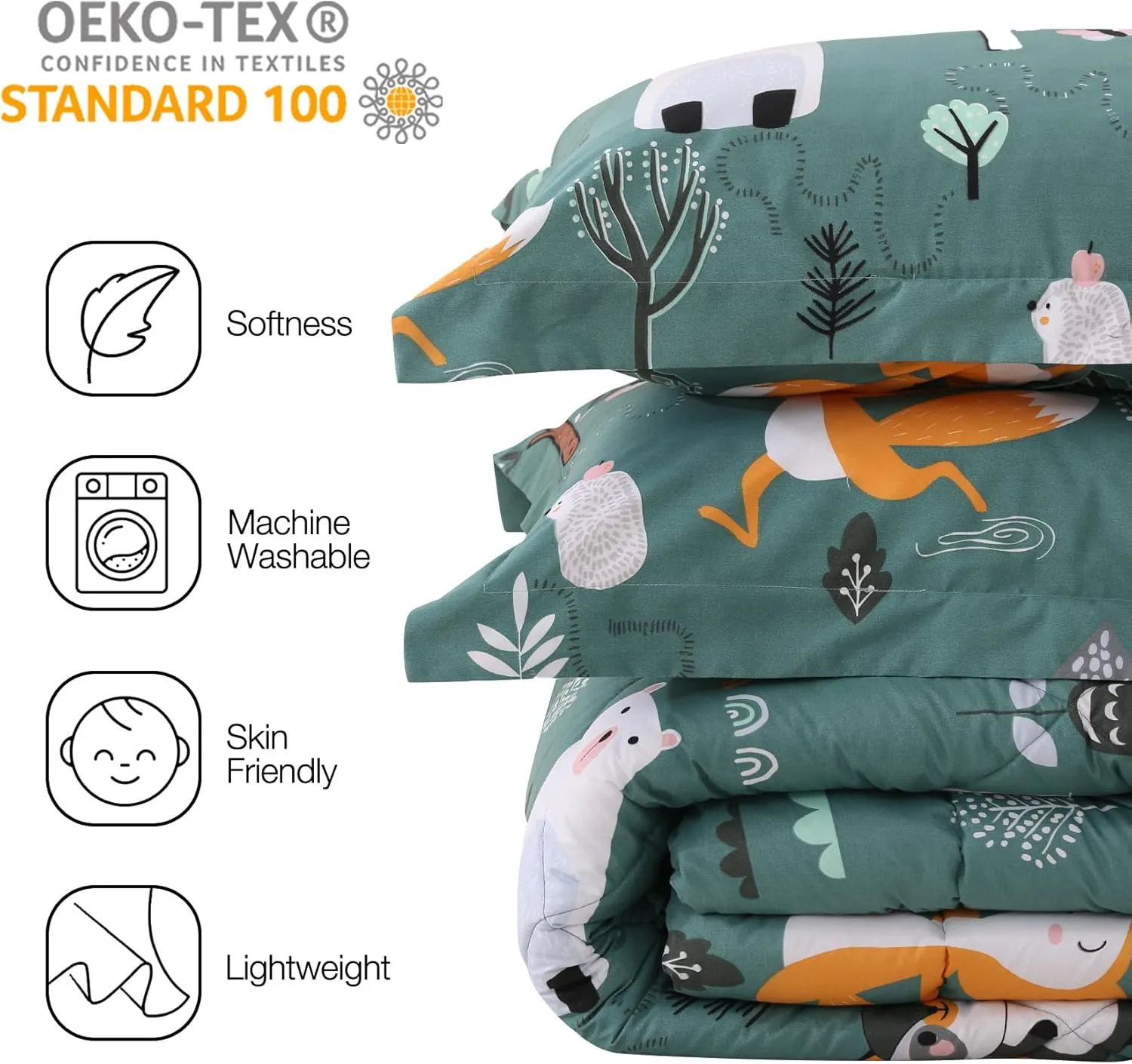 JSD Green Forest Animals Kids Comforter Set Twin Size, 2 Piece Woodland Printed Microfiber Bedding Set, Machine Washable