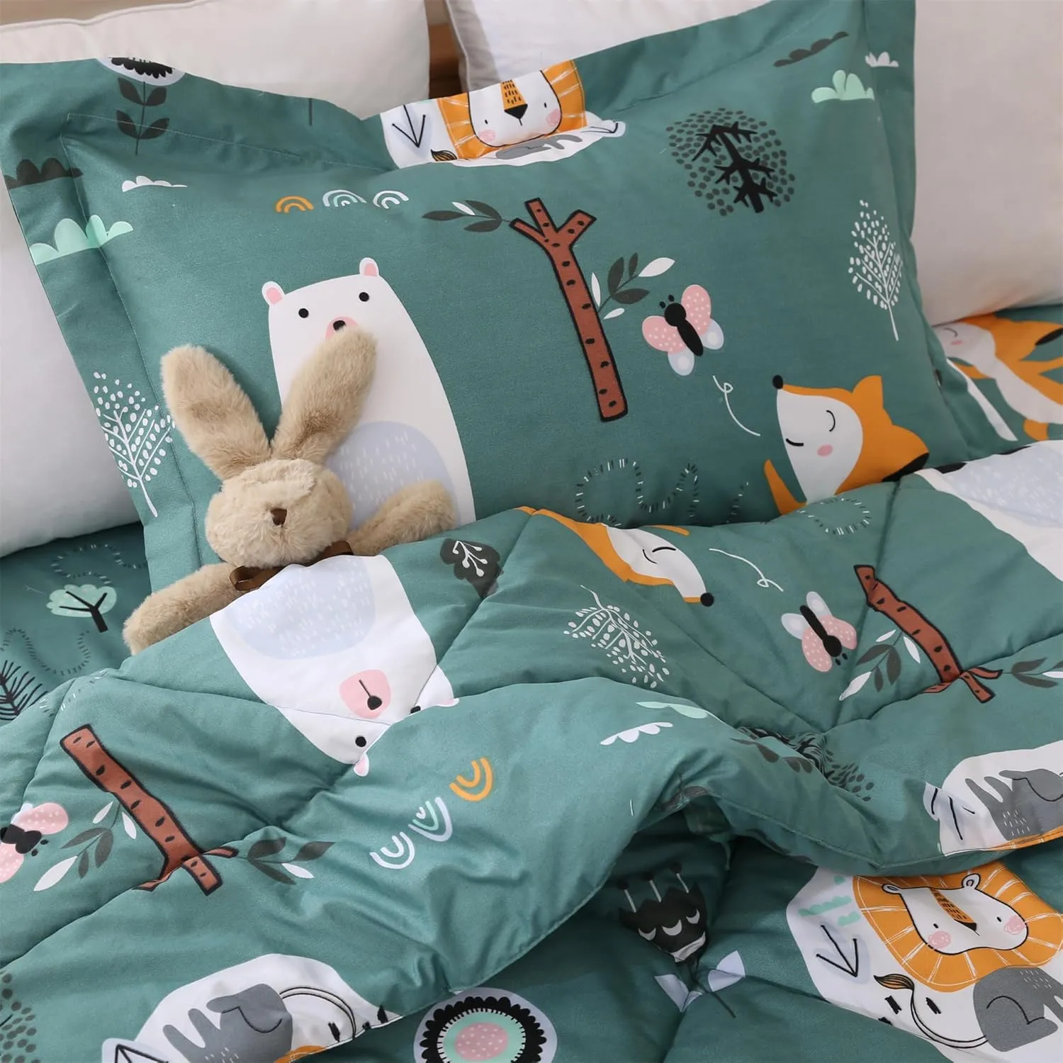 JSD Green Forest Animals Kids Comforter Set Twin Size, 2 Piece Woodland Printed Microfiber Bedding Set, Machine Washable