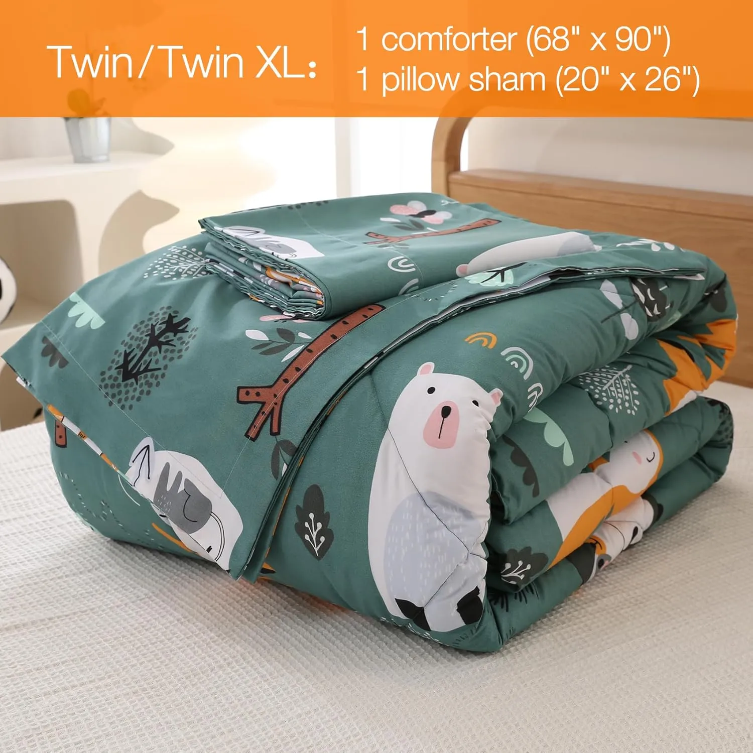 JSD Green Forest Animals Kids Comforter Set Twin Size, 2 Piece Woodland Printed Microfiber Bedding Set, Machine Washable