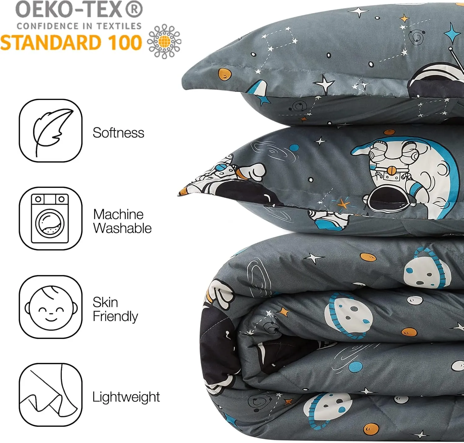 JSD Grey Astronaut Kids Comforter Set Twin Size, 2 Piece Space Theme Microfiber Comforter with Pillow Sham, Lightweight All Season Washable