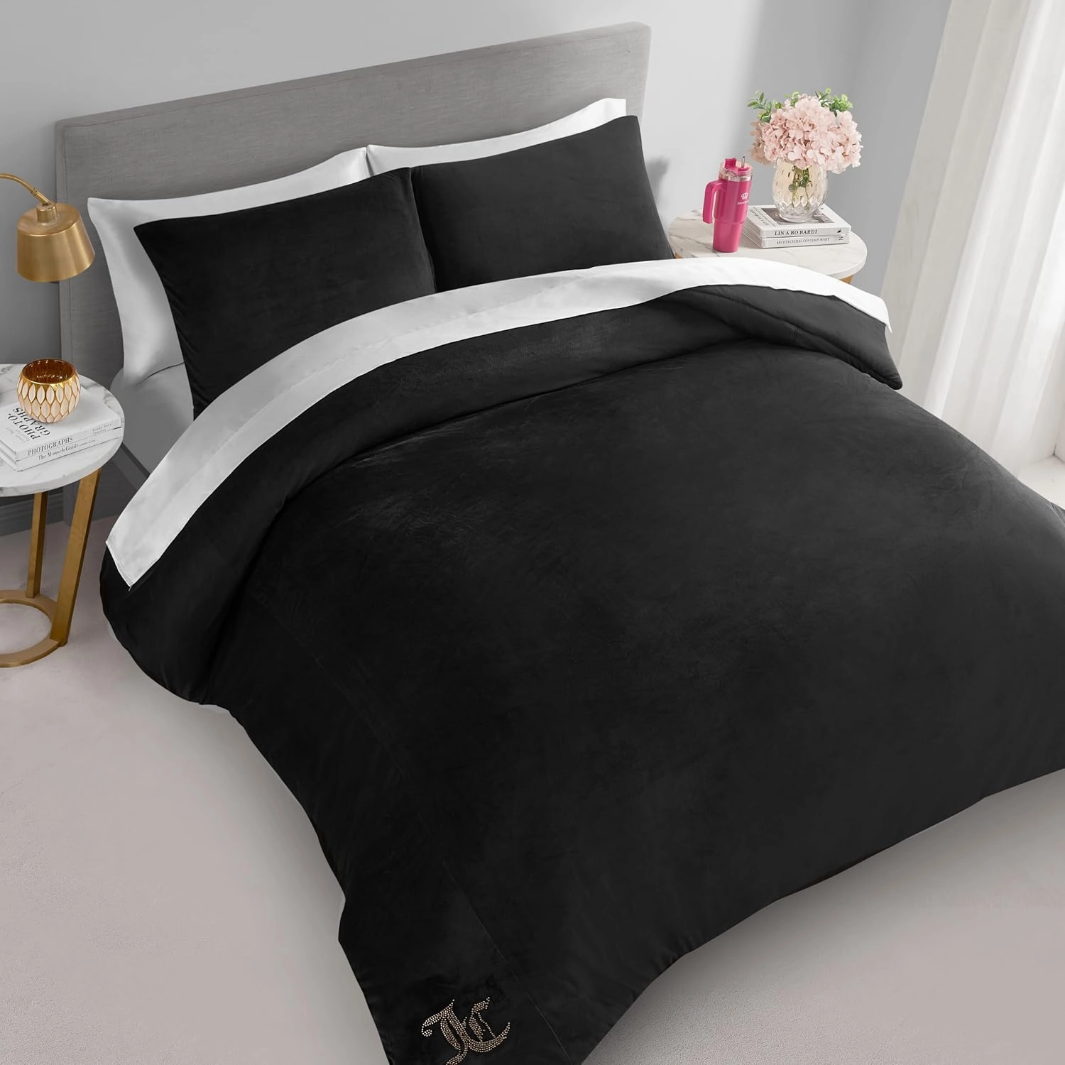 Juicy Couture Black Velour Twin/Twin XL Comforter Set - 2 Piece Luxury Bedding Ensemble