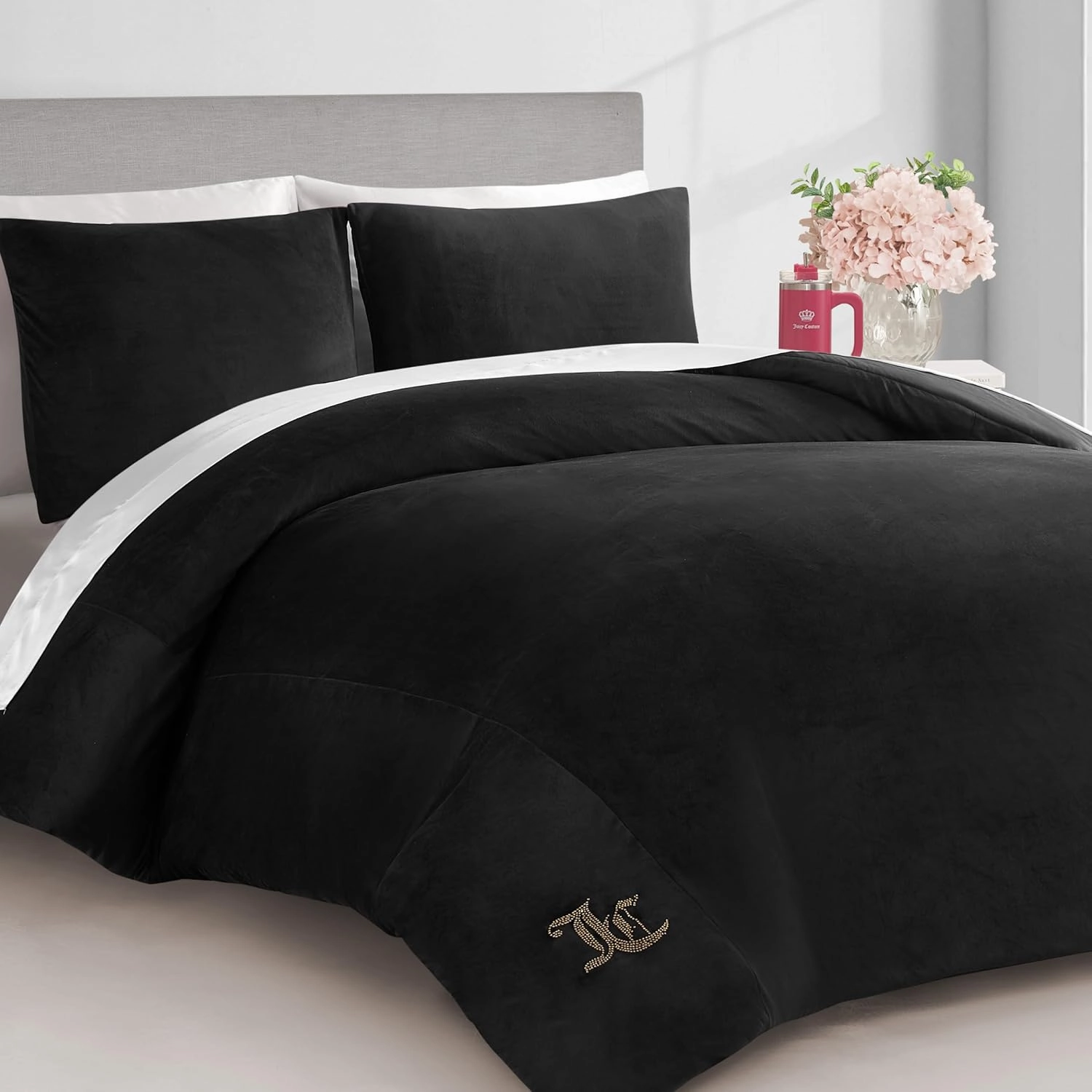 Juicy Couture Black Velour Twin/Twin XL Comforter Set - 2 Piece Luxury Bedding Ensemble