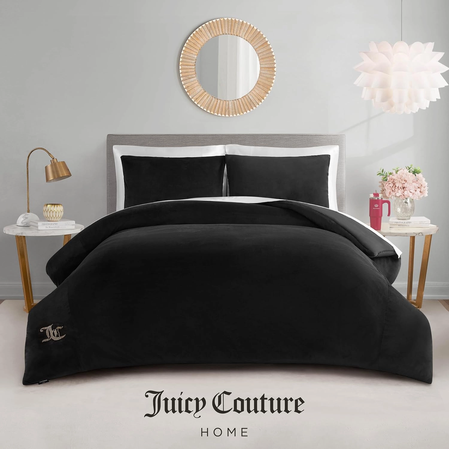 Juicy Couture Black Velour Twin/Twin XL Comforter Set - 2 Piece Luxury Bedding Ensemble
