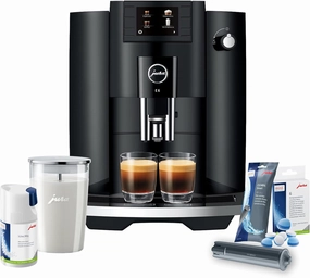 Jura 15622 E6 Automatic, Cost-Efficient Espresso Machine with Easy Cappuccino Function (Piano Black) Bundle with Milk Container, Cleaning Tablets, Filter Cartridge, and Milk System Cleaner (5 Items)