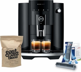 Jura E4 Automatic Coffee Machine (Piano Black) with CLEARYL Smart  Water Filtration, 6 Cleaning Tablets and East Coast Blend Whole Bean Coffee (4 Items)