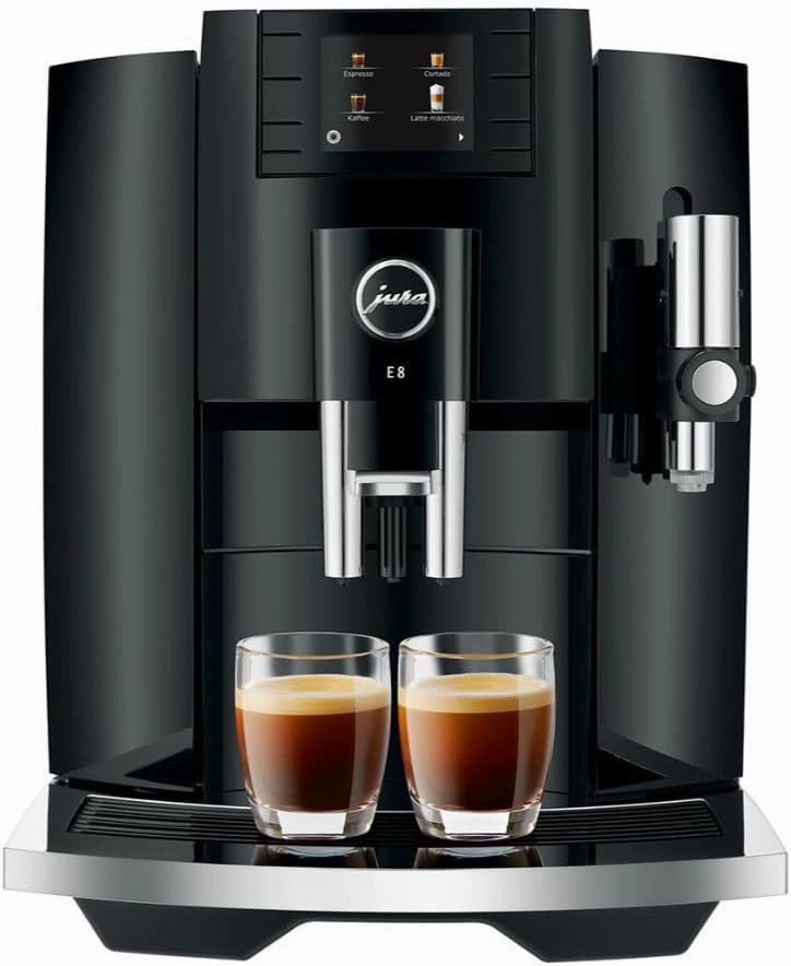 Jura E8 5th Gen Automatic Coffee Machine (Piano Black) Stainless Steel Espresso Machine, Powerful Blending Features Bundle with Glass Milk Container (2 Items)