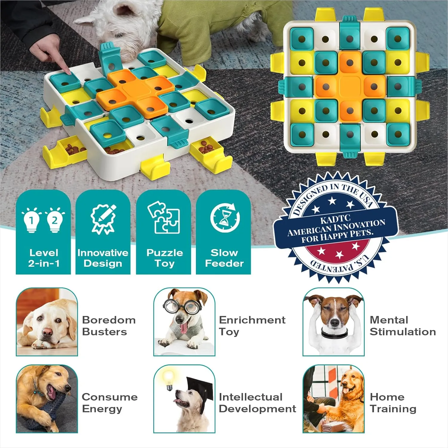 KADTC Puzzle Toys Level 2 in 1 Advance Educational For Smart Small/Medium/Large Dogs Intelligence Learning Toy Keep Busy Puppy Boredom Buster Interactive Brain Mental Stimulation Treat Enrichment Game
